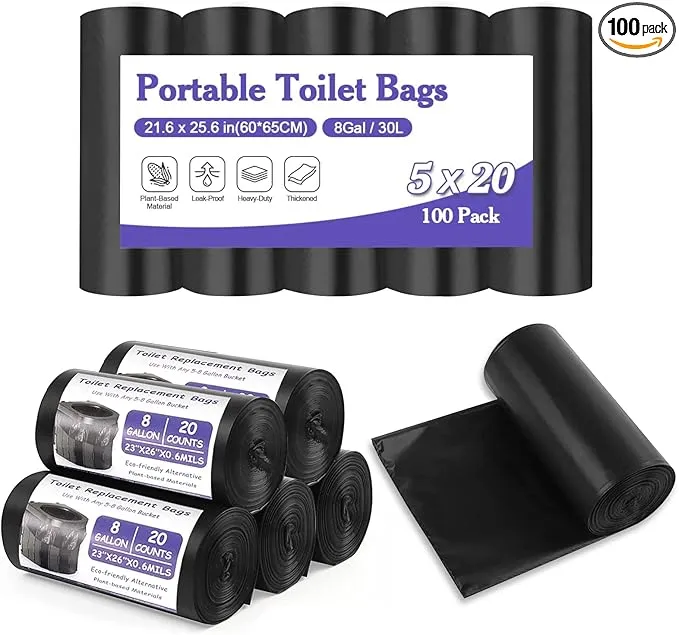 100 Count Biodegradable Portable Toilet Bags, 8 Gallon Capacity, 5 Rolls, 20 Bags Per Roll, Ideal for Camping, Hiking, Outdoor Use
