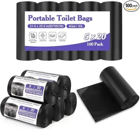 100 Count Biodegradable Portable Toilet Bags, 8 Gallon Capacity, 5 Rolls, 20 Bags Per Roll, Ideal for Camping, Hiking, Outdoor Use