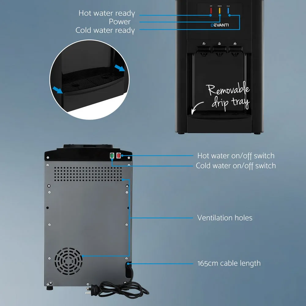 22L Devanti Water Cooler Dispenser | Bench Top | 3 Taps | Chiller Filter Purifier | Black