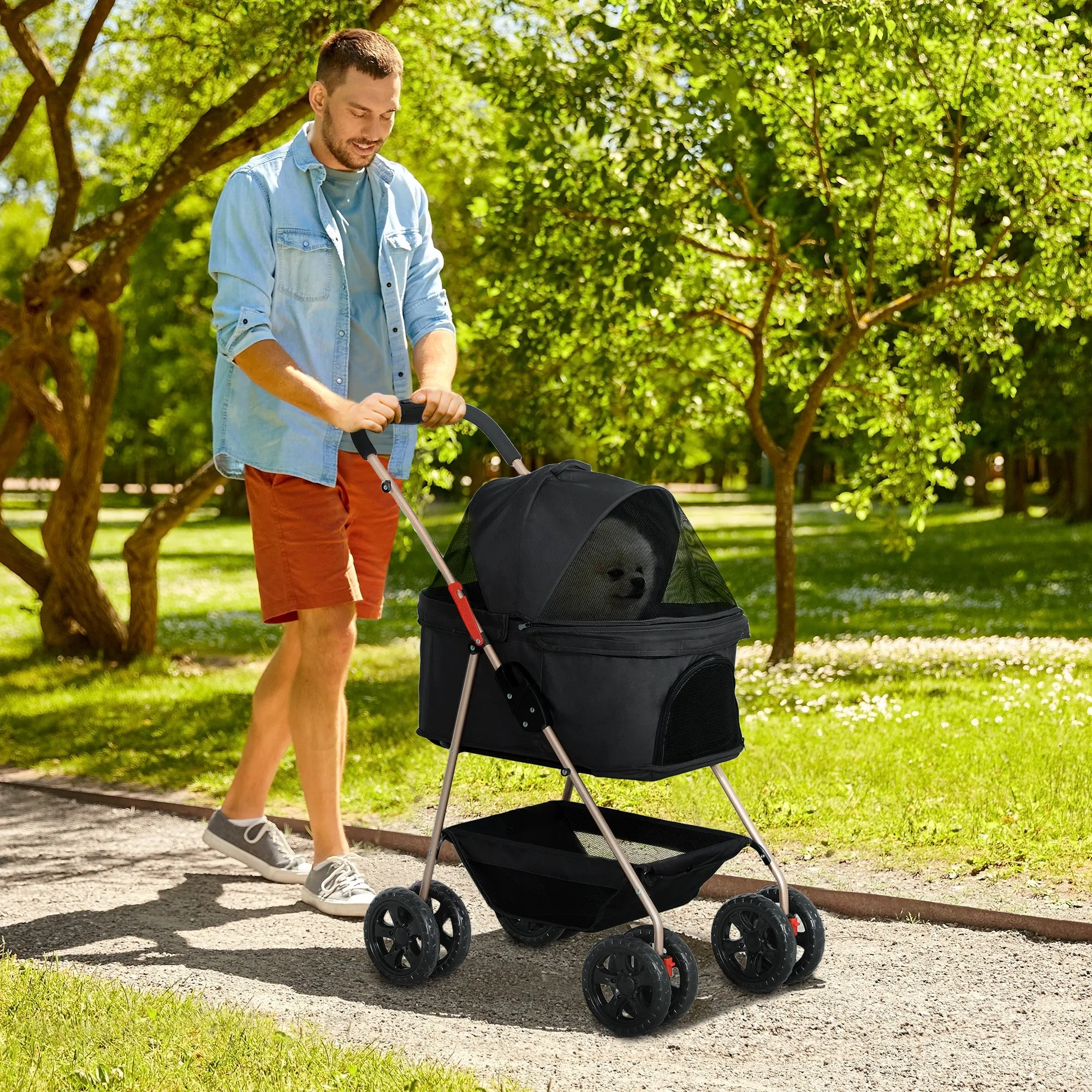3 in 1 Foldable Dog Stroller with Carrying Bag and Bottom Basket, Black