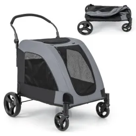 4 Wheels Extra Large Dog Stroller Foldable Pet Stroller with Dual Entry-Gray