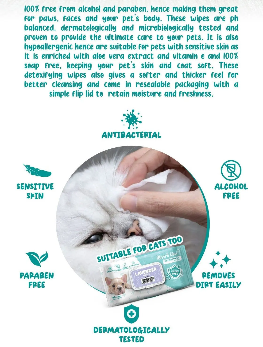 Absorb Plus Antibacterial Pet Wipes - Aloe Vera (80pcs) | Alcohol & Paraben Free
