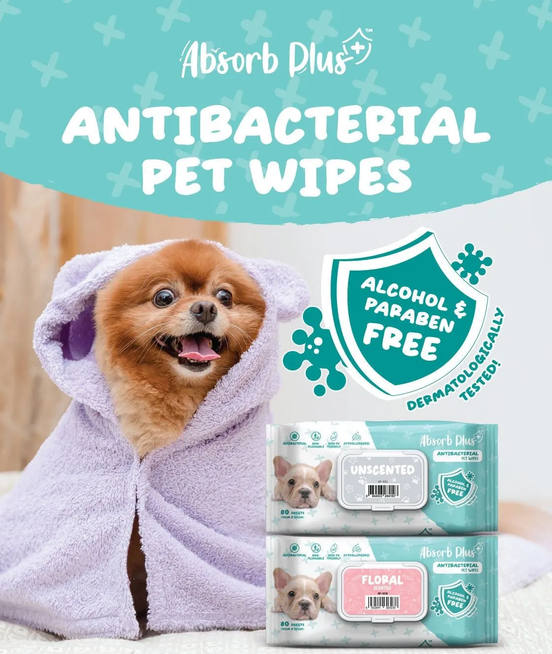 Absorb Plus Antibacterial Pet Wipes - Aloe Vera (80pcs) | Alcohol & Paraben Free