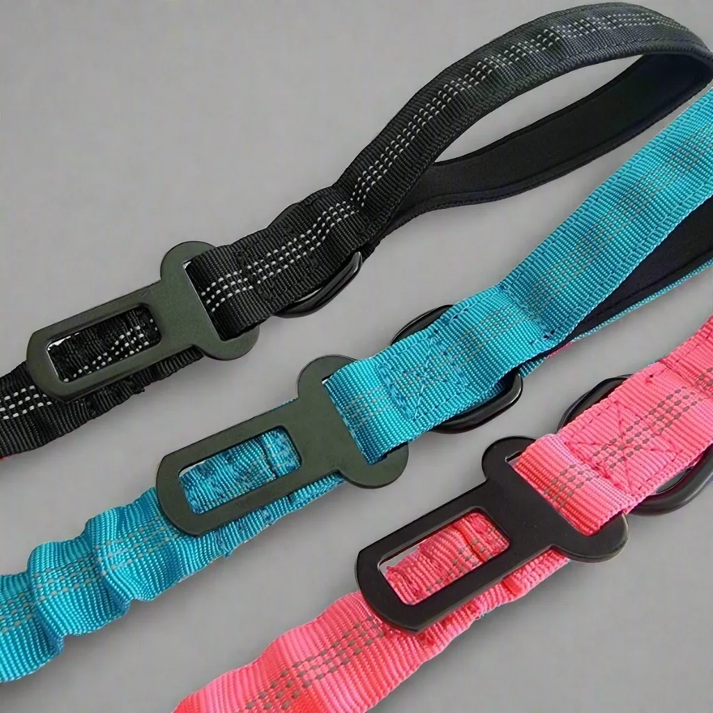 Blue Bungee Dog Leash - Reflective - Seatbelt attachment