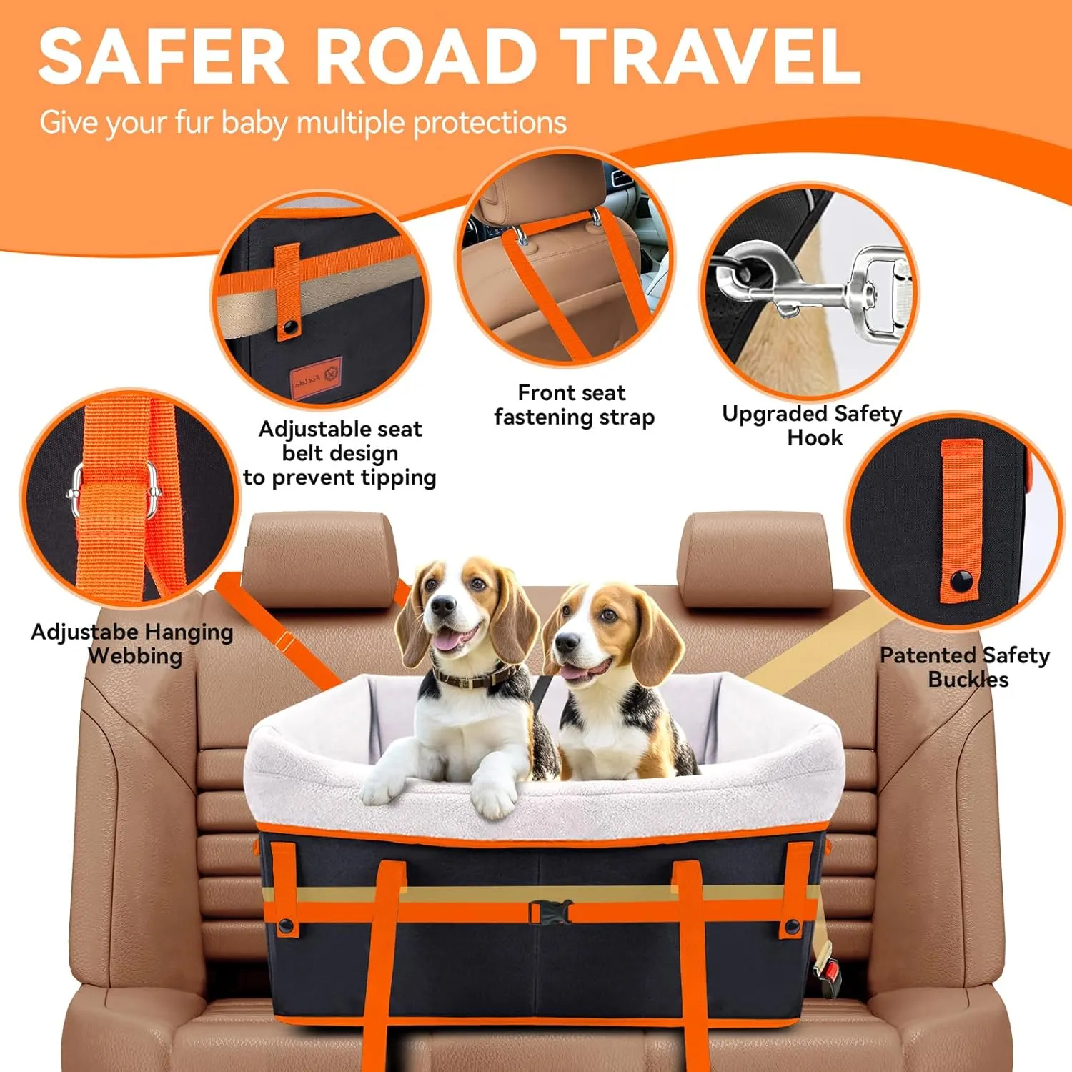 Car Dog Seat for Large Medium Dogs, Waterproof Puppy Dog Booster Pet Seat for Car with 2 Clip-On Harness and Thick Padding, Portable Pet Dog Bed Carrier for Pets