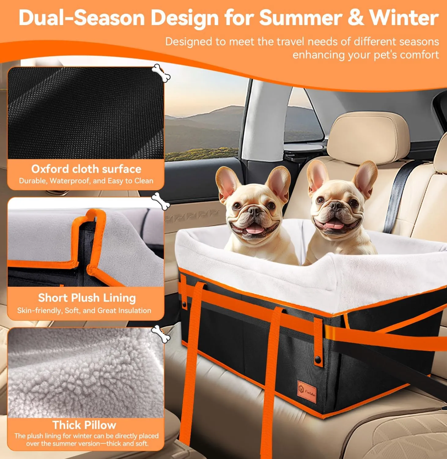Car Dog Seat for Large Medium Dogs, Waterproof Puppy Dog Booster Pet Seat for Car with 2 Clip-On Harness and Thick Padding, Portable Pet Dog Bed Carrier for Pets