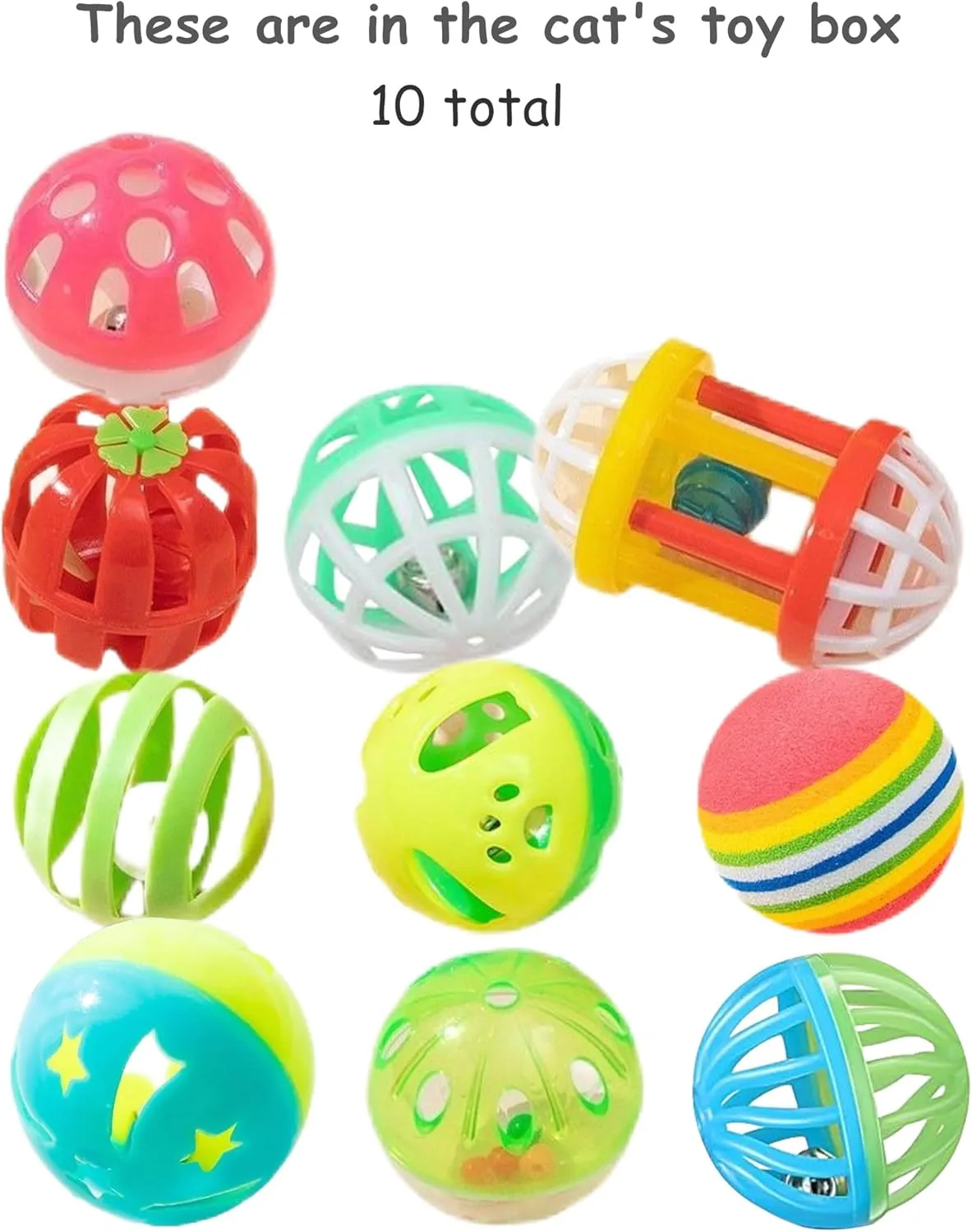 Cat Toys for Indoor Cats & Kittens, 10 Plastic Balls with Bells, Interactive Play & Healthy Exercise, 1.5-2.2 Inches, Assorted Styles