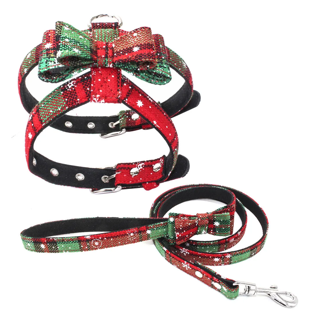 Christmas Dog Harness Leash Set Adjustable Vest Xmas Party Holiday Bowknot Pet