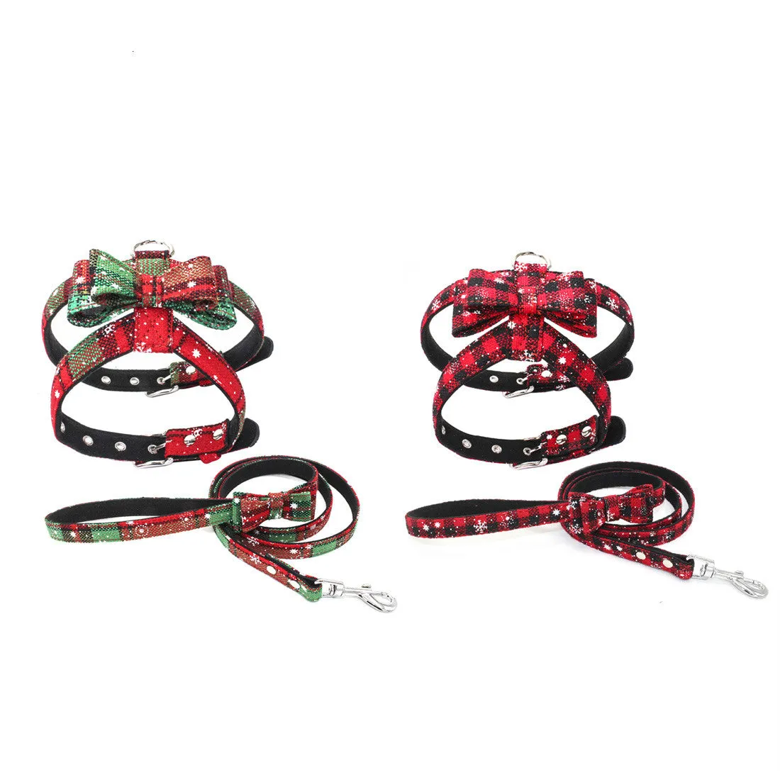 Christmas Dog Harness Leash Set Adjustable Vest Xmas Party Holiday Bowknot Pet