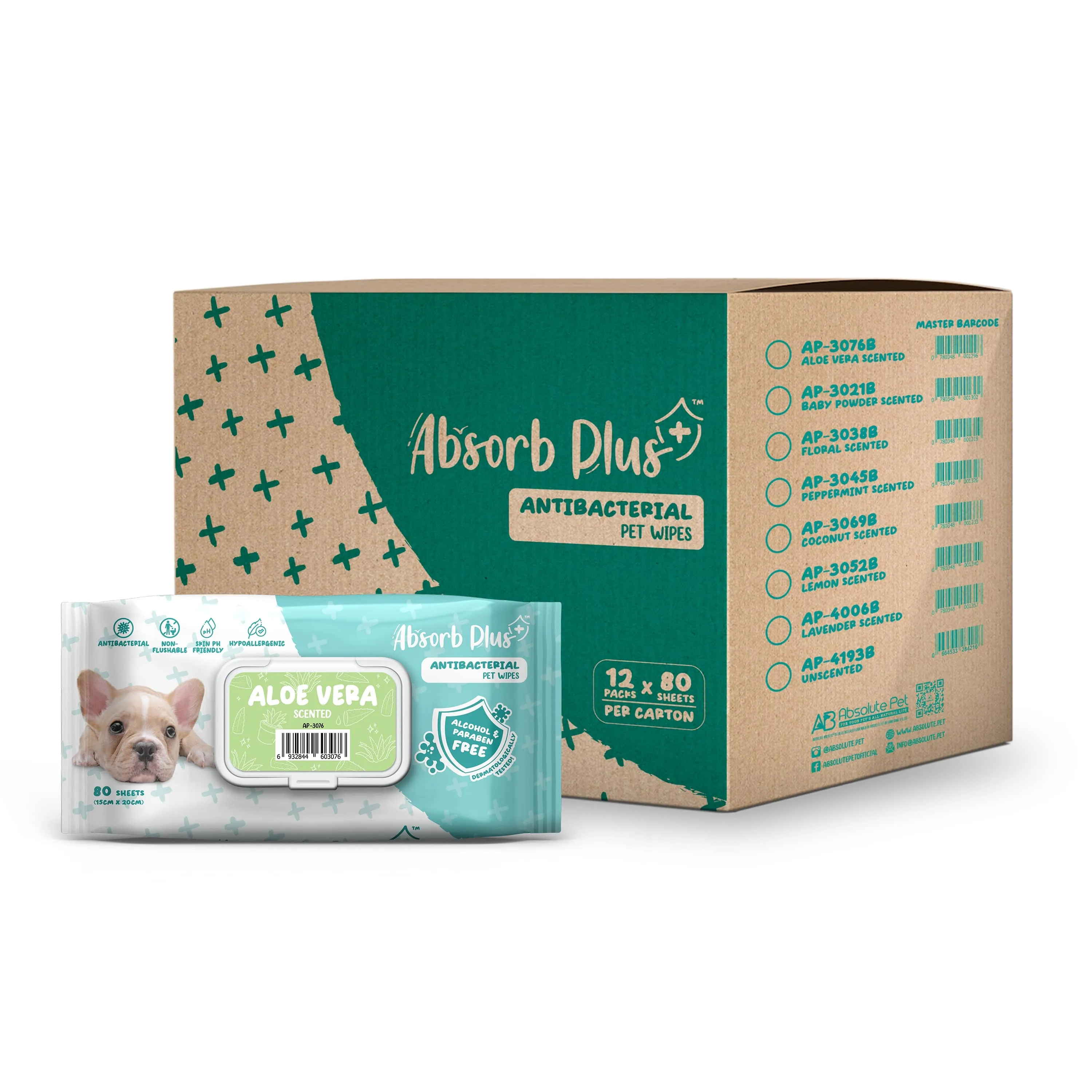 [CTN OF 12] Absorb Plus Antibacterial Pet Wipes (80pcs) | Alcohol & Paraben Free