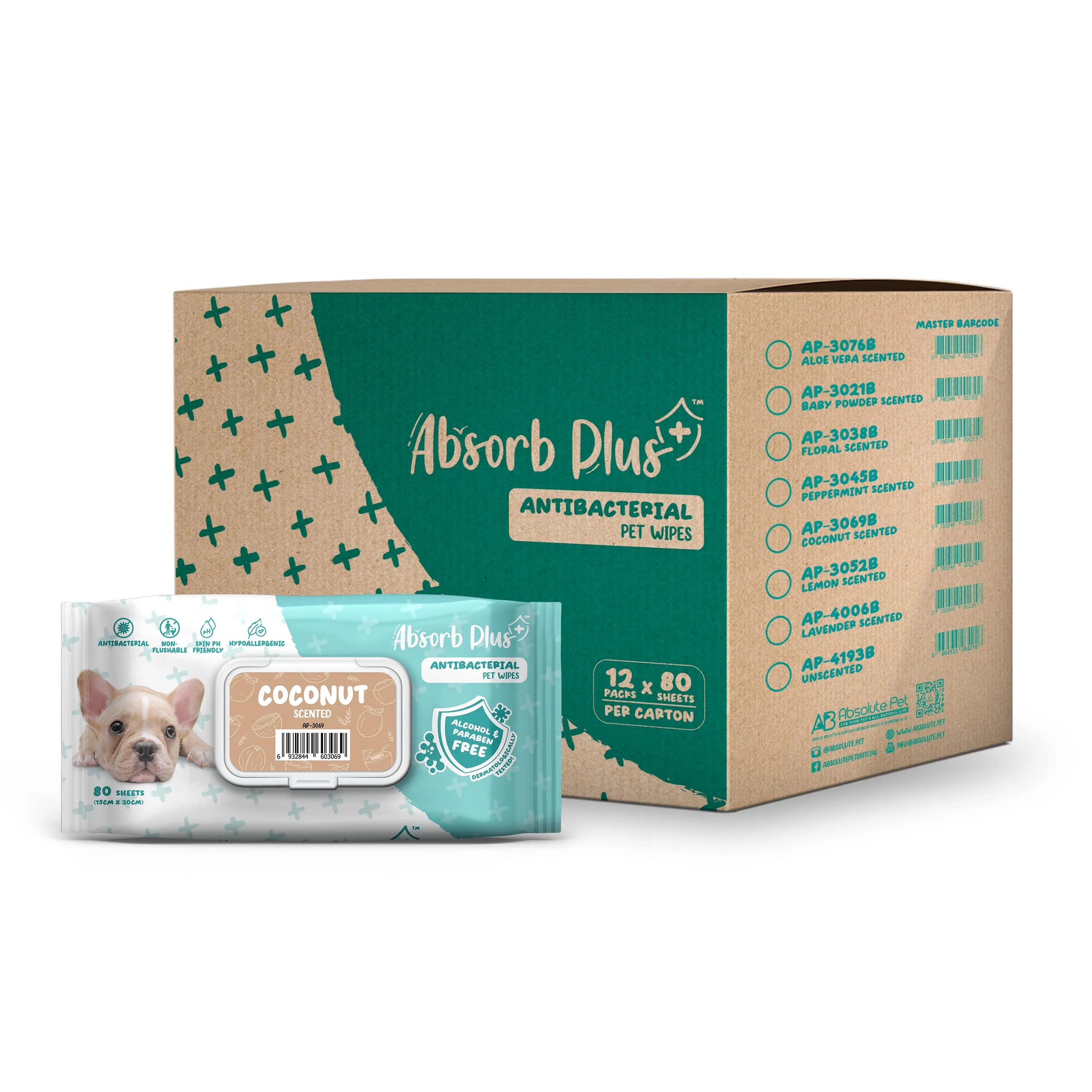 [CTN OF 12] Absorb Plus Antibacterial Pet Wipes (80pcs) | Alcohol & Paraben Free