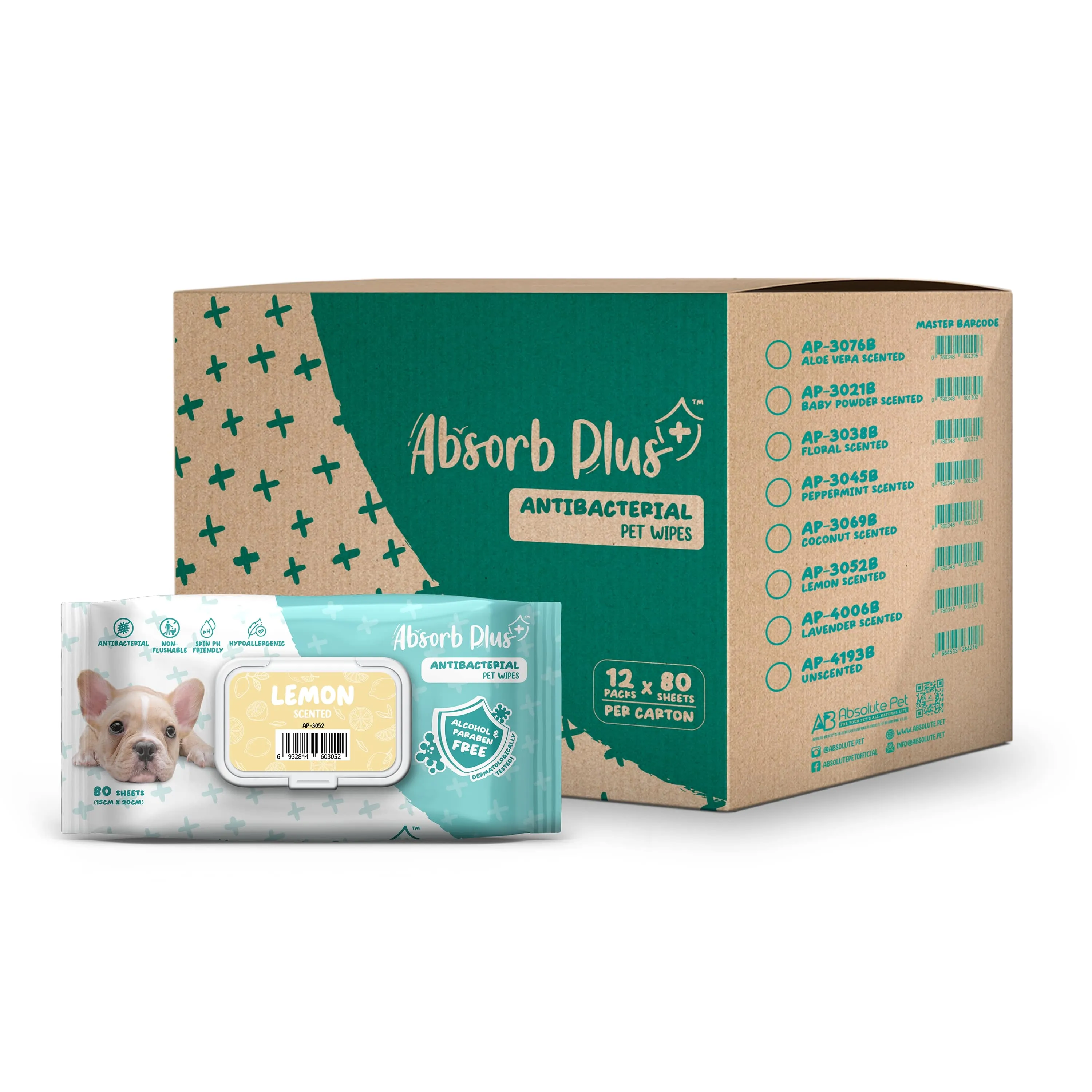 [CTN OF 12] Absorb Plus Antibacterial Pet Wipes (80pcs) | Alcohol & Paraben Free