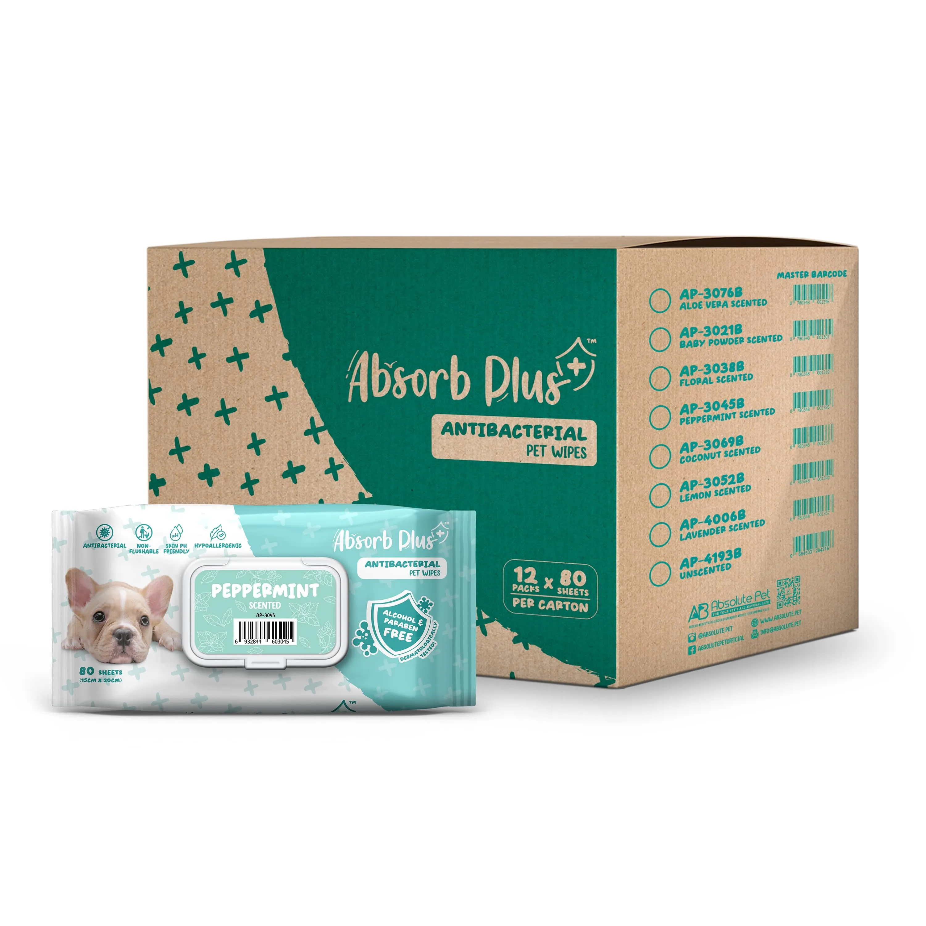 [CTN OF 12] Absorb Plus Antibacterial Pet Wipes (80pcs) | Alcohol & Paraben Free