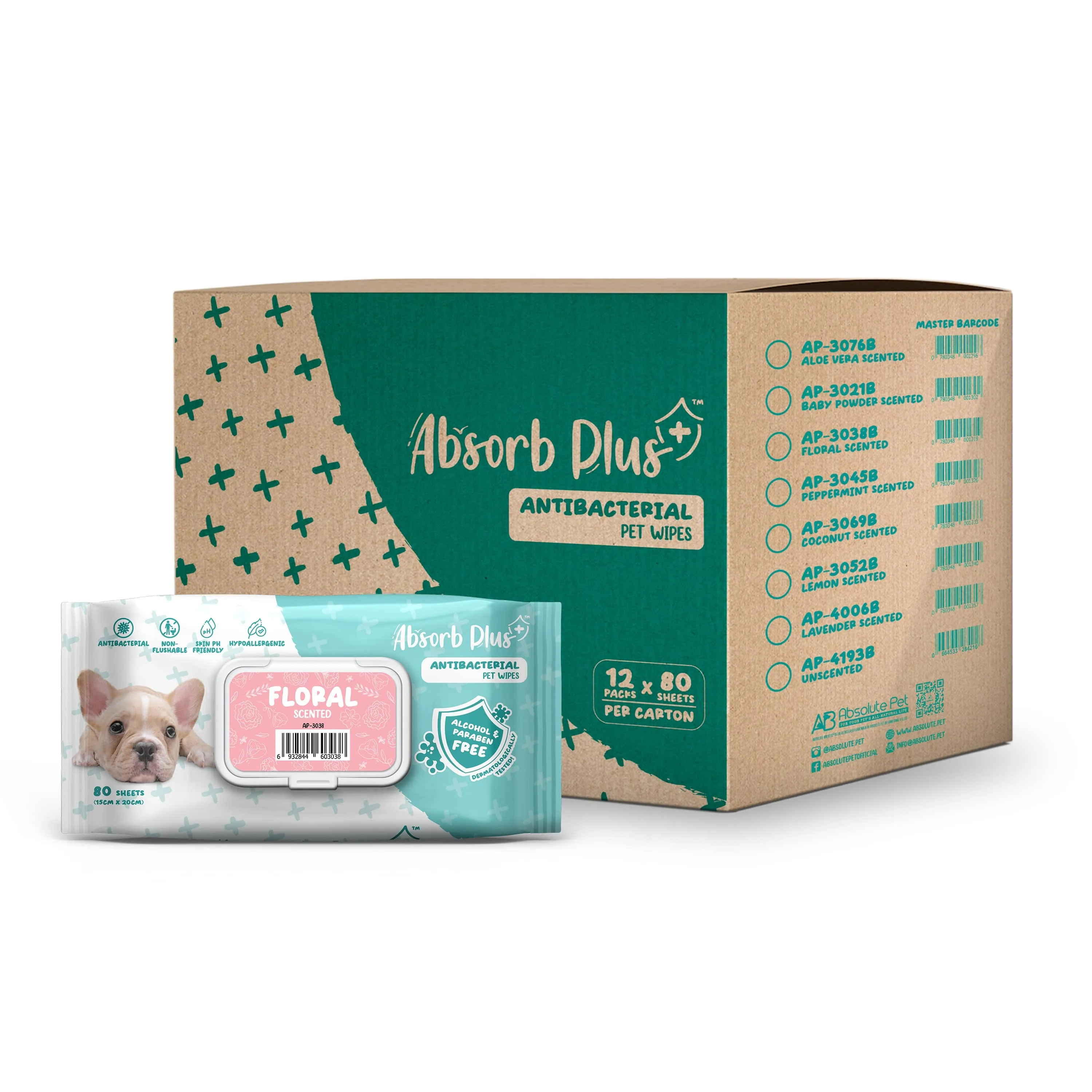 [CTN OF 12] Absorb Plus Antibacterial Pet Wipes (80pcs) | Alcohol & Paraben Free