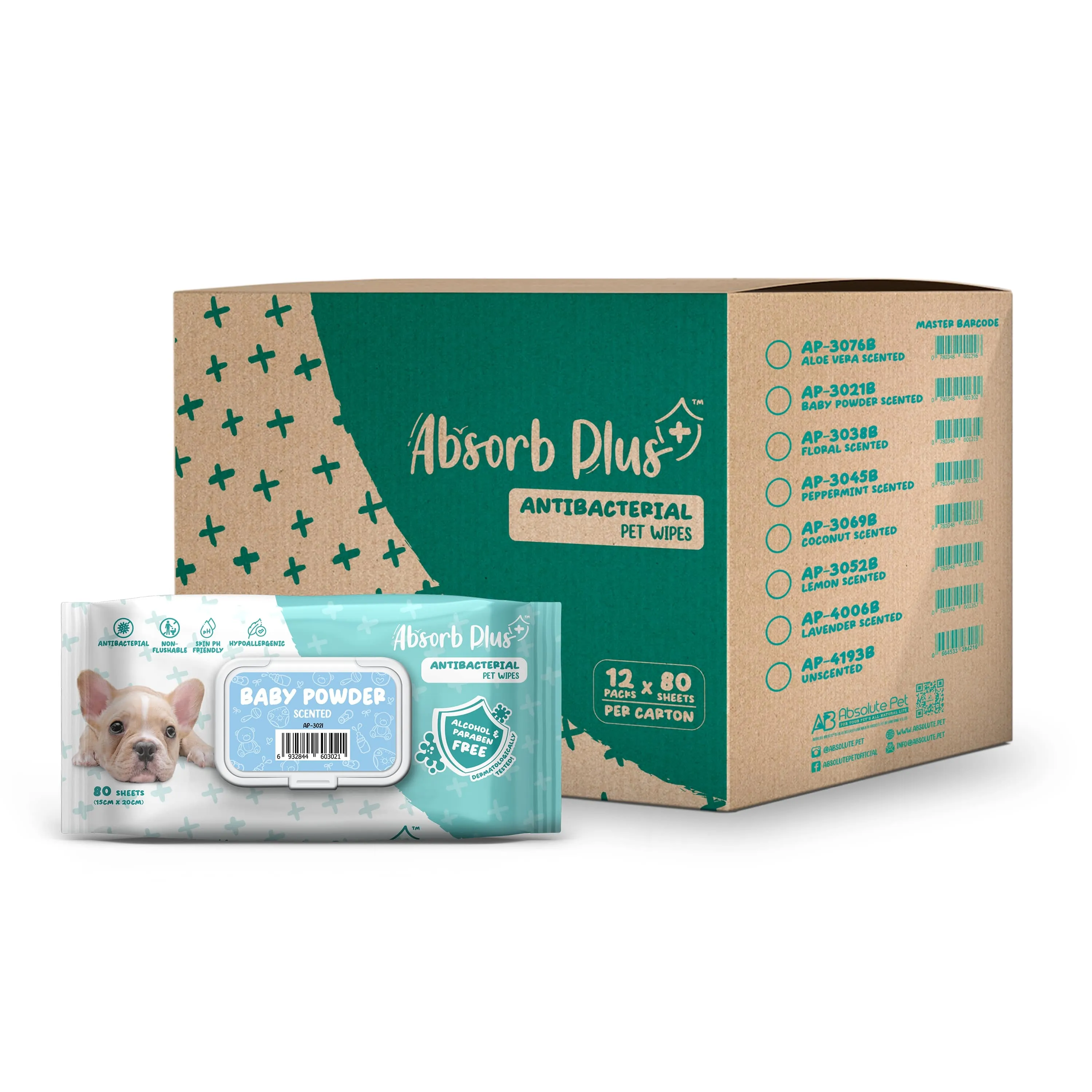 [CTN OF 12] Absorb Plus Antibacterial Pet Wipes (80pcs) | Alcohol & Paraben Free