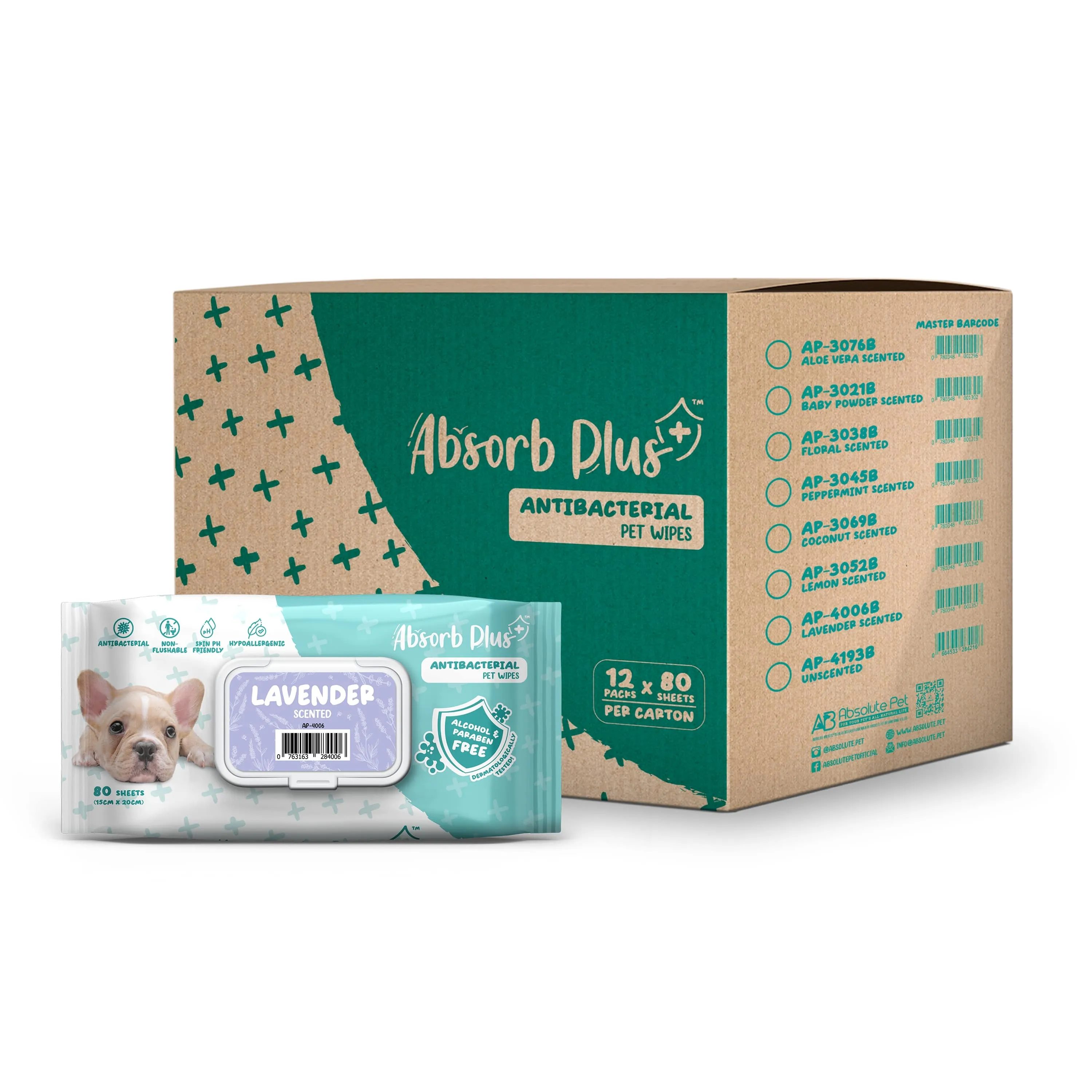[CTN OF 12] Absorb Plus Antibacterial Pet Wipes (80pcs) | Alcohol & Paraben Free