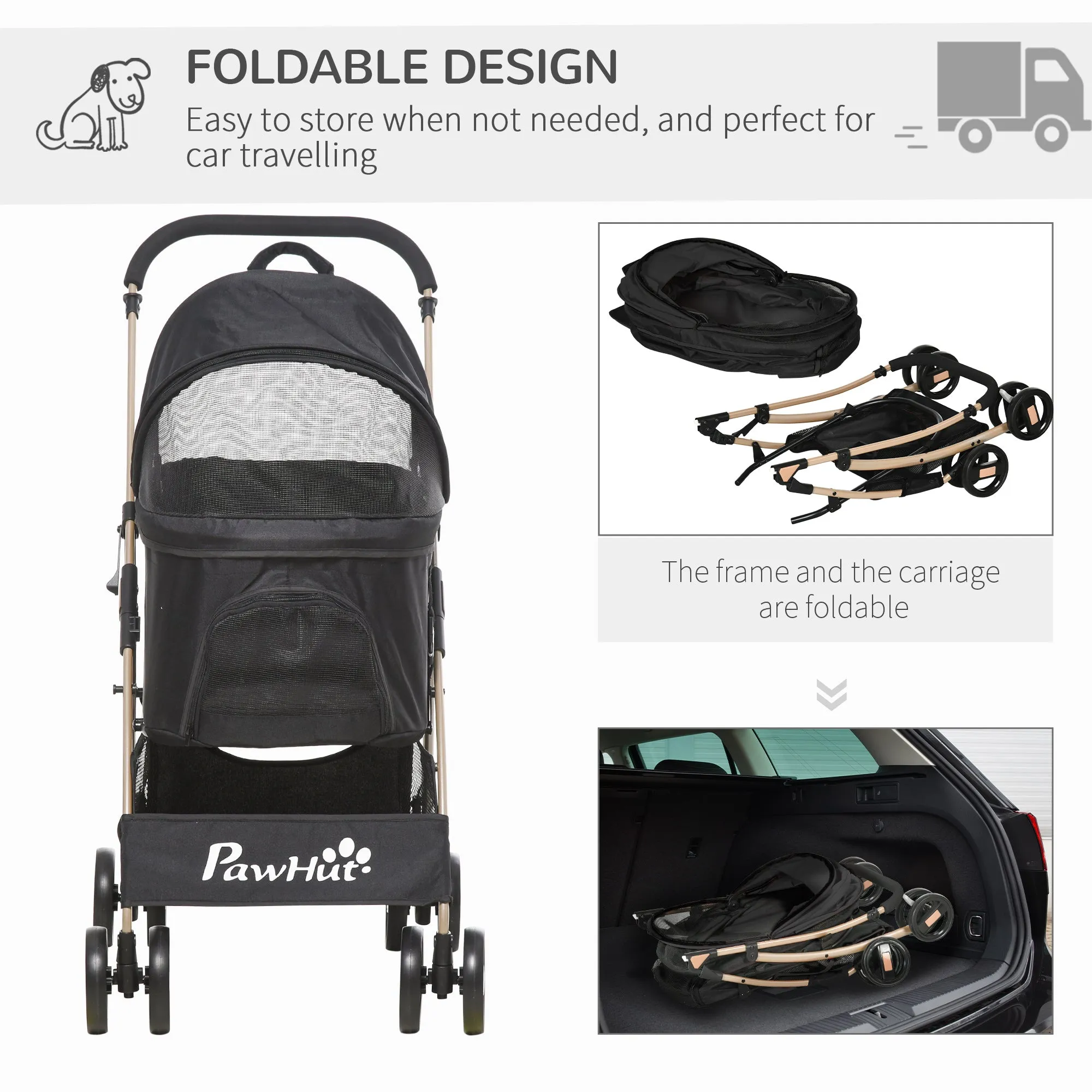 Detachable Pet Stroller with Rain Cover, 3 In 1 Cat Dog Pushchair, Foldable Carrying Bag w/ Universal Wheels, Brake, Canopy, Basket, Storage Bag for Small and Tiny Dogs - Black