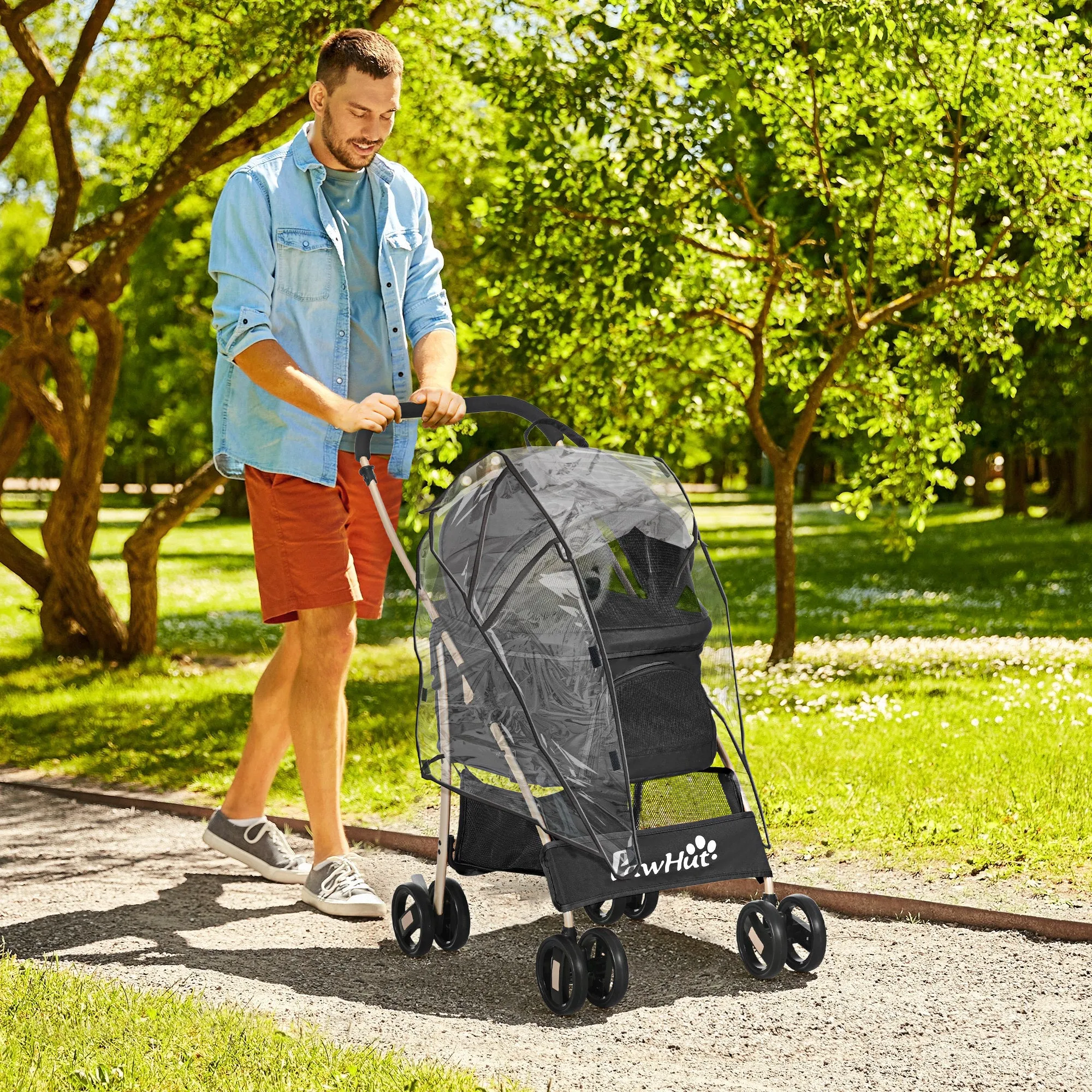 Detachable Pet Stroller with Rain Cover, 3 In 1 Cat Dog Pushchair, Foldable Carrying Bag w/ Universal Wheels, Brake, Canopy, Basket, Storage Bag for Small and Tiny Dogs - Black