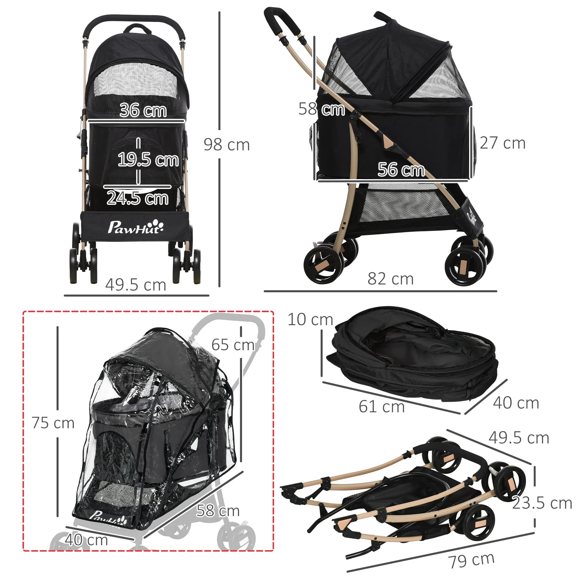 Detachable Pet Stroller with Rain Cover, 3 In 1 Cat Dog Pushchair, Foldable Carrying Bag w/ Universal Wheels, Brake, Canopy, Basket, Storage Bag for Small and Tiny Dogs - Black