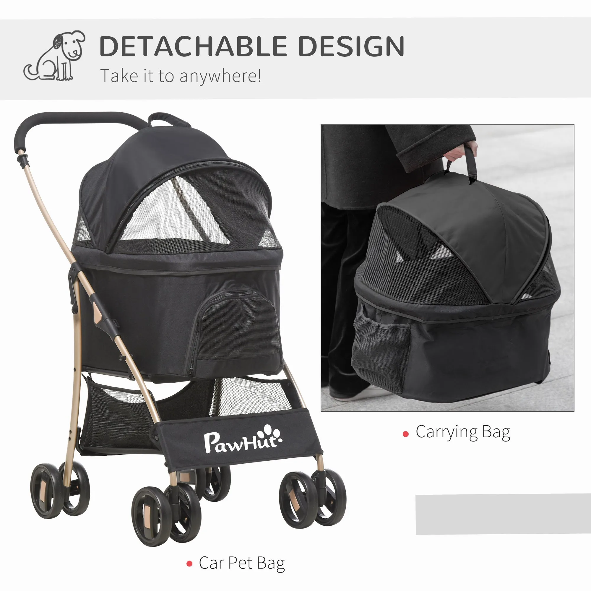 Detachable Pet Stroller with Rain Cover, 3 In 1 Cat Dog Pushchair, Foldable Carrying Bag w/ Universal Wheels, Brake, Canopy, Basket, Storage Bag for Small and Tiny Dogs - Black