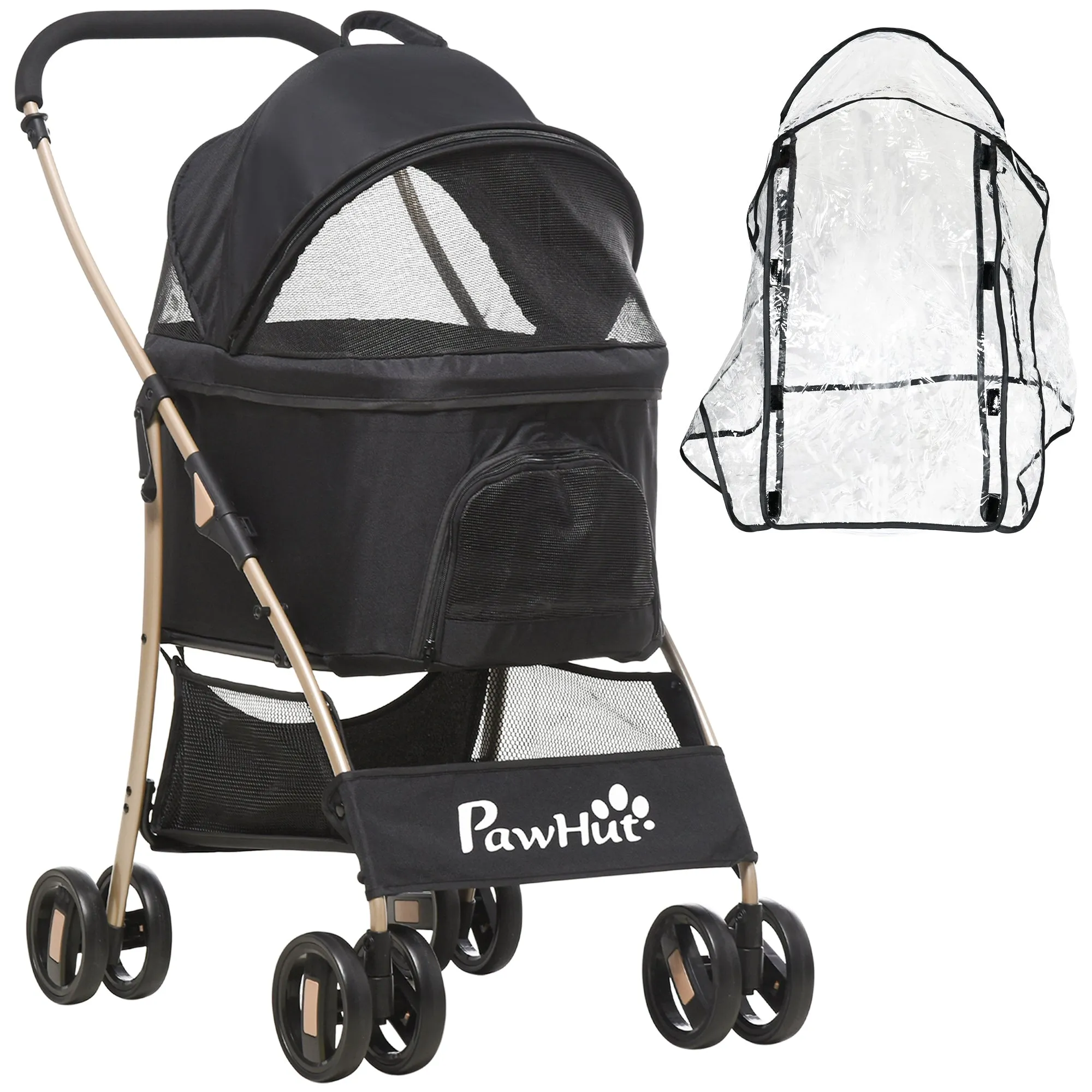 Detachable Pet Stroller with Rain Cover, 3 In 1 Cat Dog Pushchair, Foldable Carrying Bag w/ Universal Wheels, Brake, Canopy, Basket, Storage Bag for Small and Tiny Dogs - Black