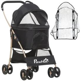 Detachable Pet Stroller with Rain Cover, 3 In 1 Cat Dog Pushchair, Foldable Carrying Bag w/ Universal Wheels, Brake, Canopy, Basket, Storage Bag for Small and Tiny Dogs - Black