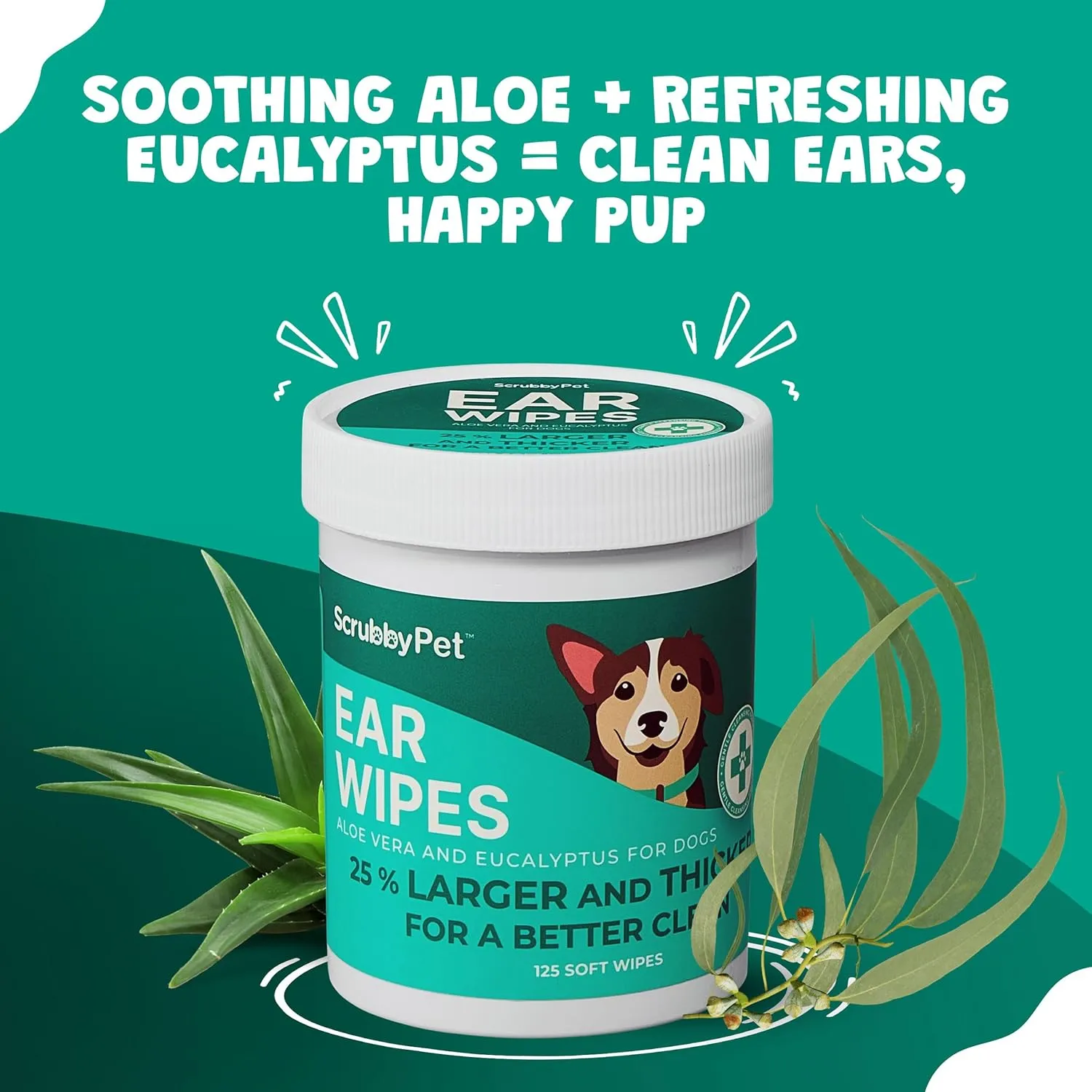 Dog Ear Wipes for Dogs | Extra Thick with Aloe Vera & Eucalyptus | 125 Count | Hypoallergenic Ear Cleaner for Dogs with Pearl Texture for Deeper Clean | Scrubby Pet