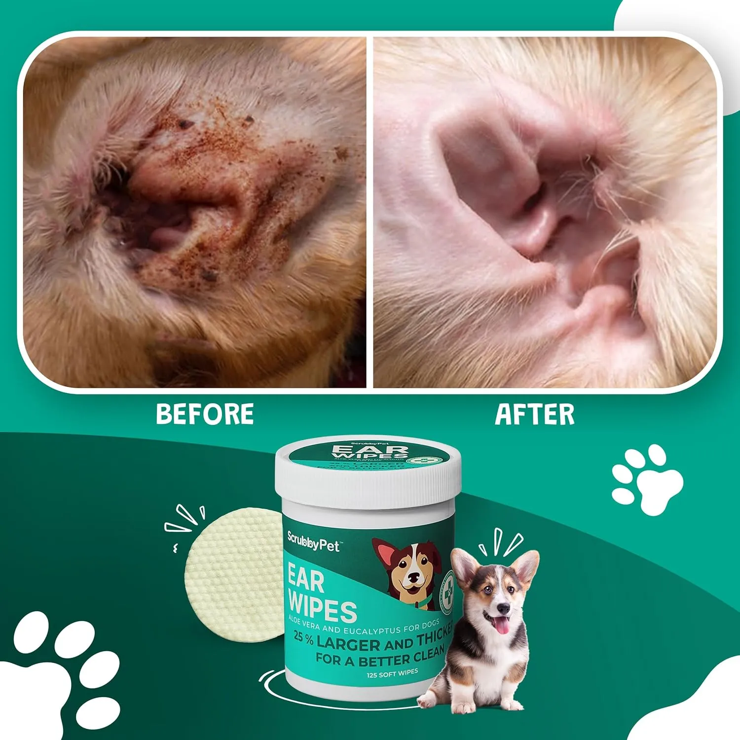 Dog Ear Wipes for Dogs | Extra Thick with Aloe Vera & Eucalyptus | 125 Count | Hypoallergenic Ear Cleaner for Dogs with Pearl Texture for Deeper Clean | Scrubby Pet