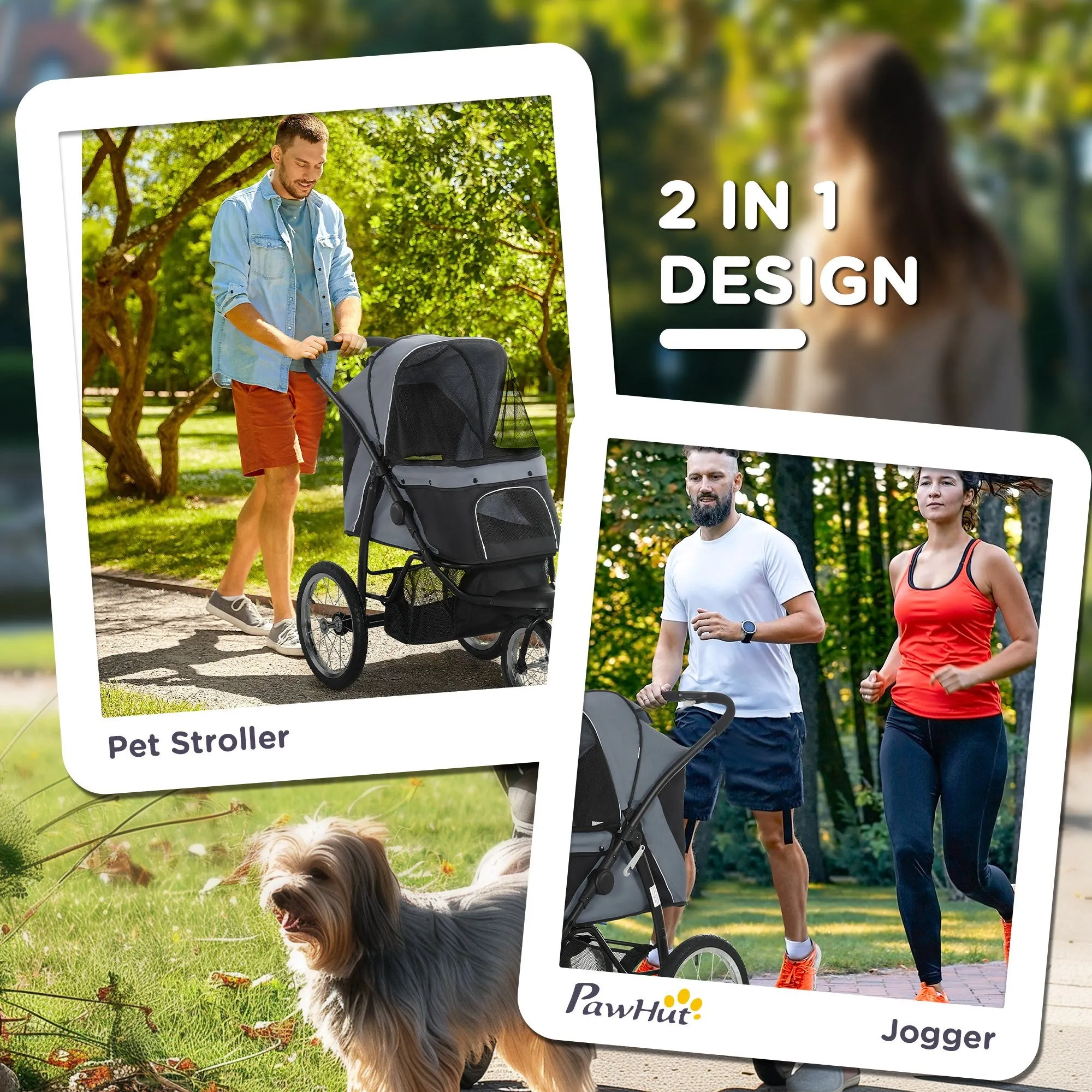 Dog Pram Dog Stroller Jogger Foldable Pet Pushchair for Medium, Small Dogs, w/ Rubber Wheels, Washable Cushion - Grey