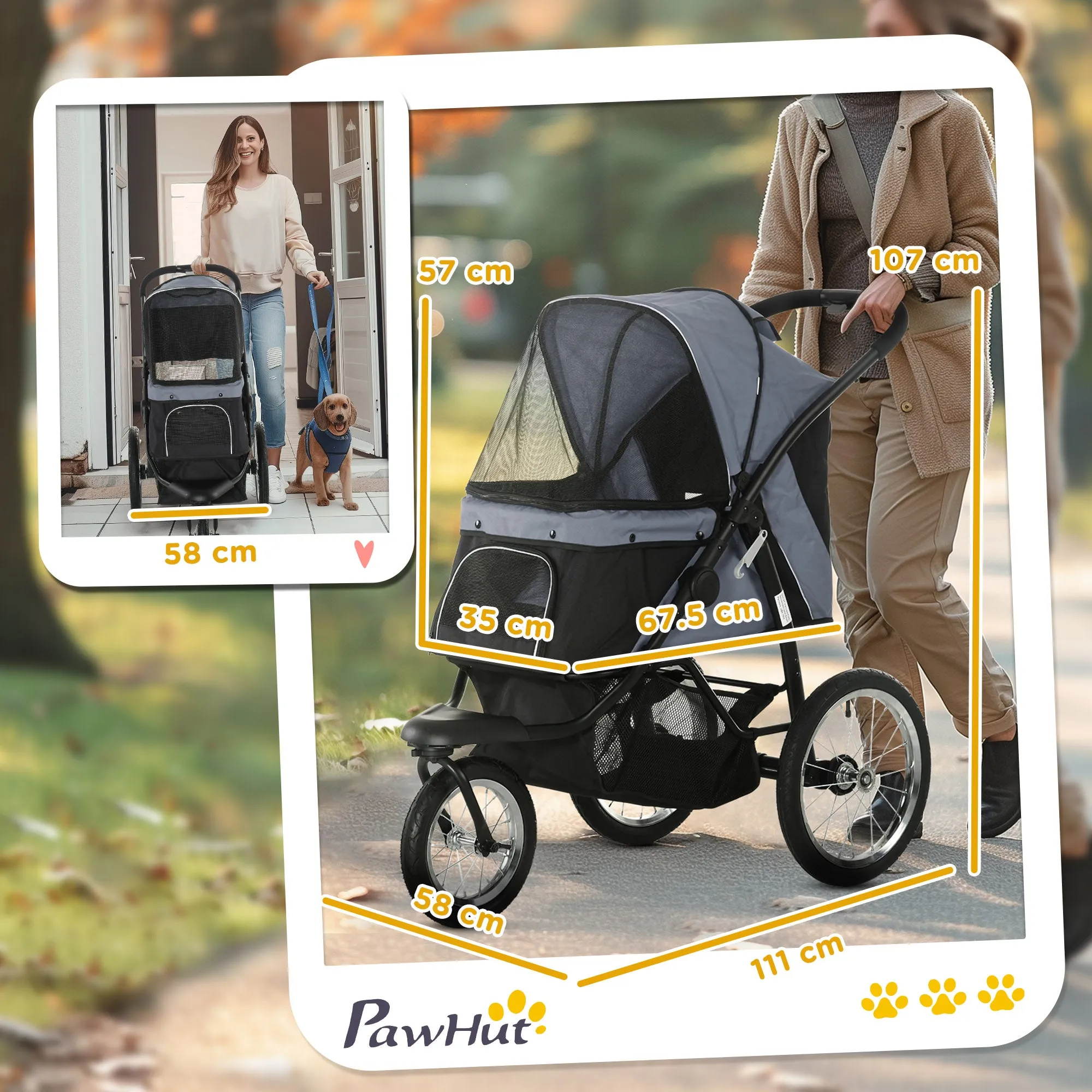 Dog Pram Dog Stroller Jogger Foldable Pet Pushchair for Medium, Small Dogs, w/ Rubber Wheels, Washable Cushion - Grey