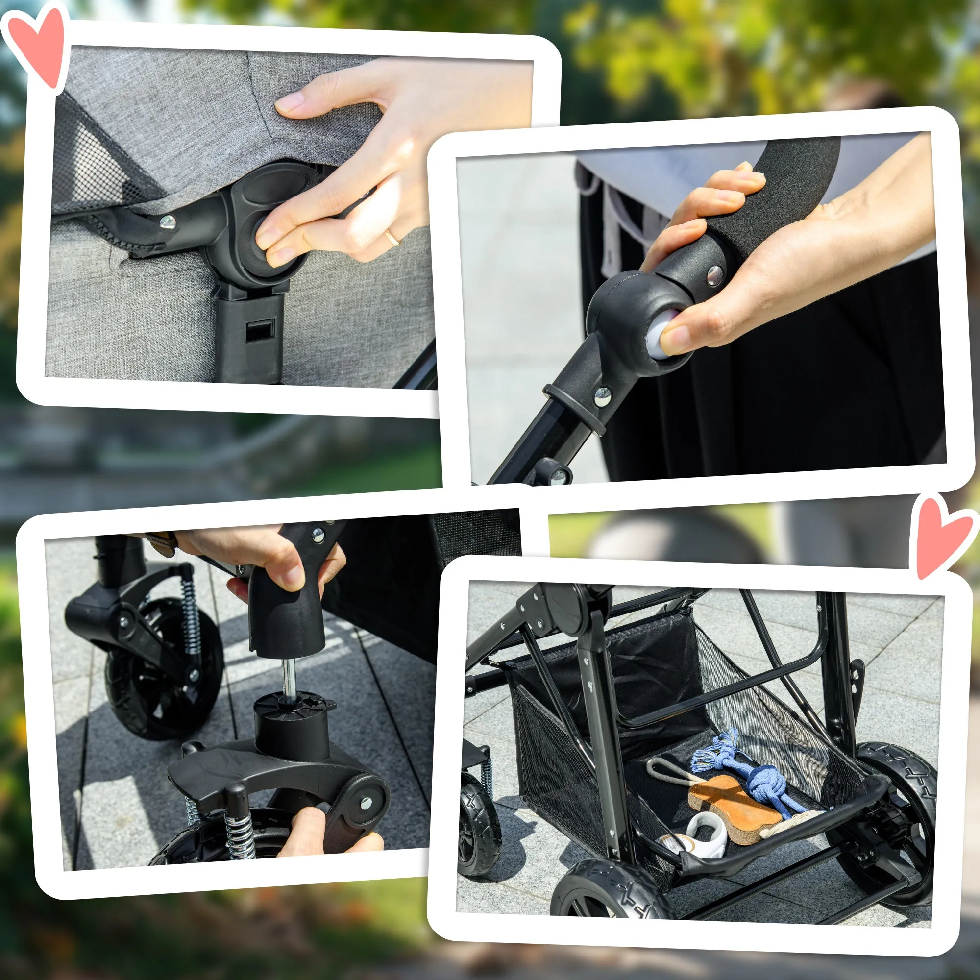 Dog Pram Pet Stroller for Small Dogs Cats, Foldable Dog Pushchair Trolley with Detachable Pet Carrier Bag, Shock Absorber, Adjustable Handlebar, Grey