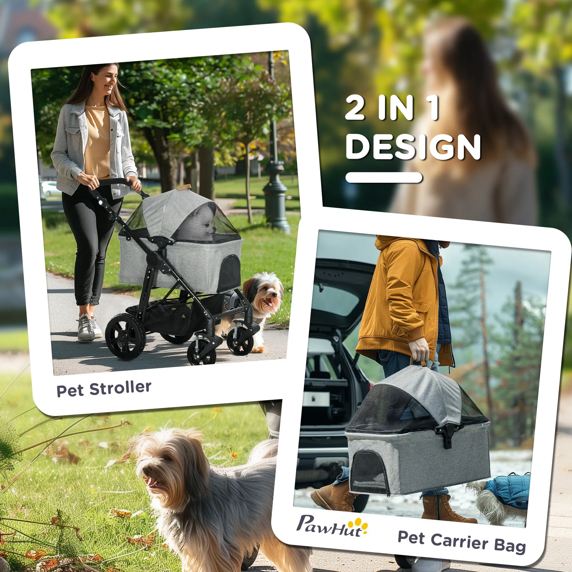 Dog Pram Pet Stroller for Small Dogs Cats, Foldable Dog Pushchair Trolley with Detachable Pet Carrier Bag, Shock Absorber, Adjustable Handlebar, Grey