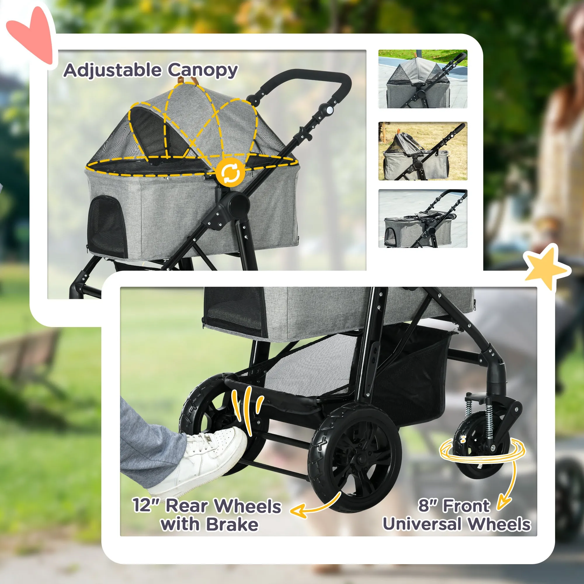 Dog Pram Pet Stroller for Small Dogs Cats, Foldable Dog Pushchair Trolley with Detachable Pet Carrier Bag, Shock Absorber, Adjustable Handlebar, Grey
