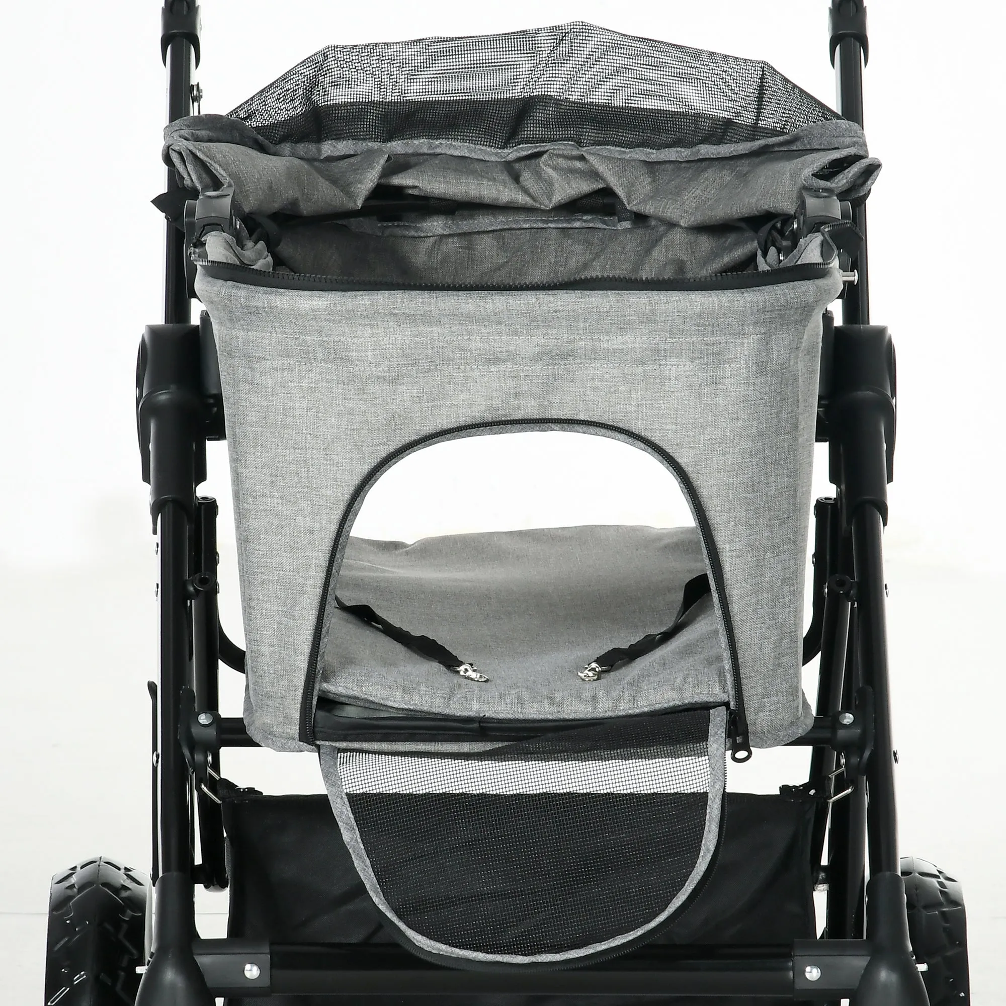 Dog Pram Pet Stroller for Small Dogs Cats, Foldable Dog Pushchair Trolley with Detachable Pet Carrier Bag, Shock Absorber, Adjustable Handlebar, Grey