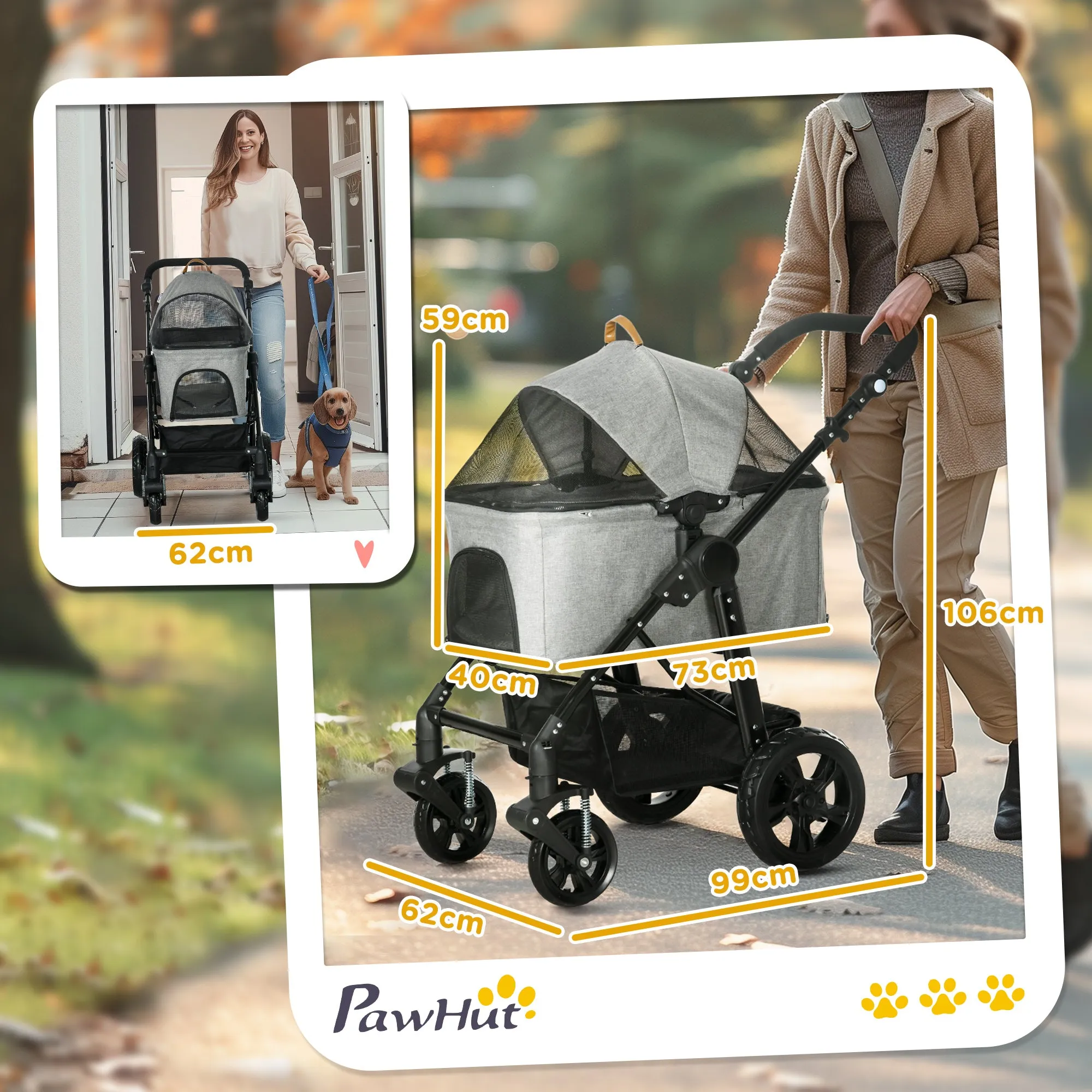 Dog Pram Pet Stroller for Small Dogs Cats, Foldable Dog Pushchair Trolley with Detachable Pet Carrier Bag, Shock Absorber, Adjustable Handlebar, Grey