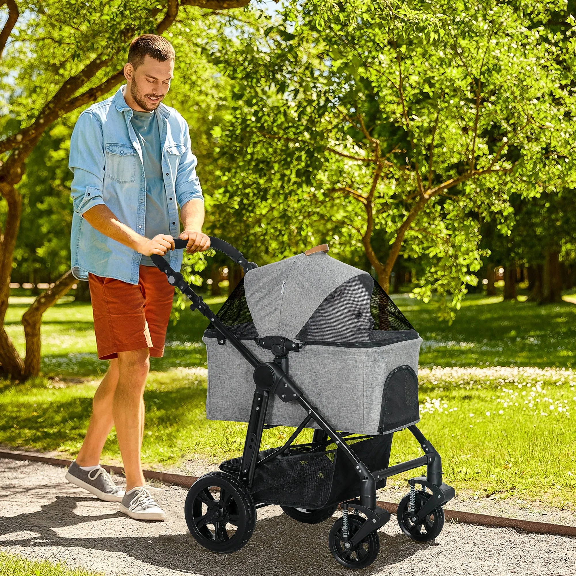 Dog Pram Pet Stroller for Small Dogs Cats, Foldable Dog Pushchair Trolley with Detachable Pet Carrier Bag, Shock Absorber, Adjustable Handlebar, Grey