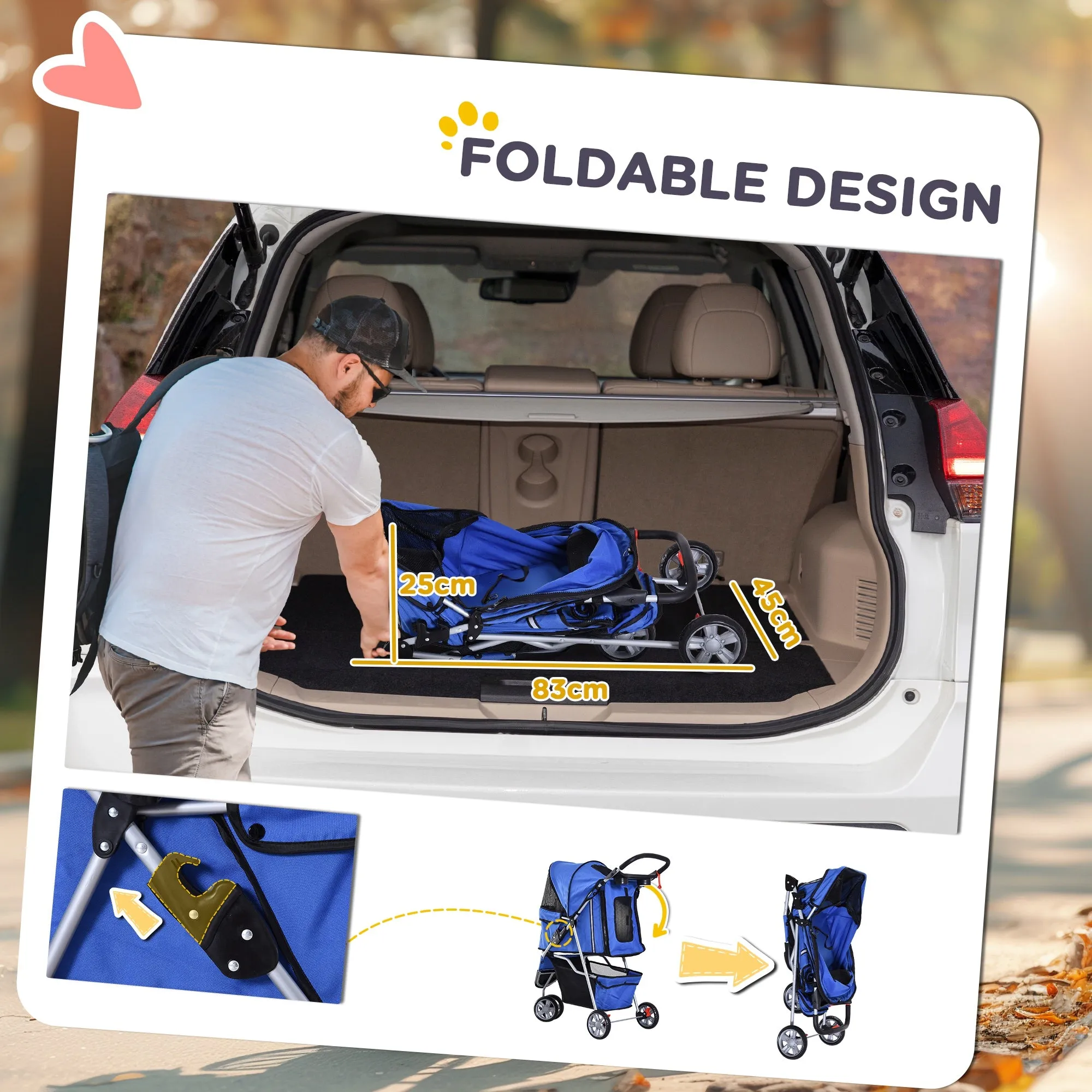 Dog Stroller, 3 Wheels Foldable Cat Dog Pram with Cup Holder, Storage Basket, Pet Stroller for Small Miniature Dogs, Blue
