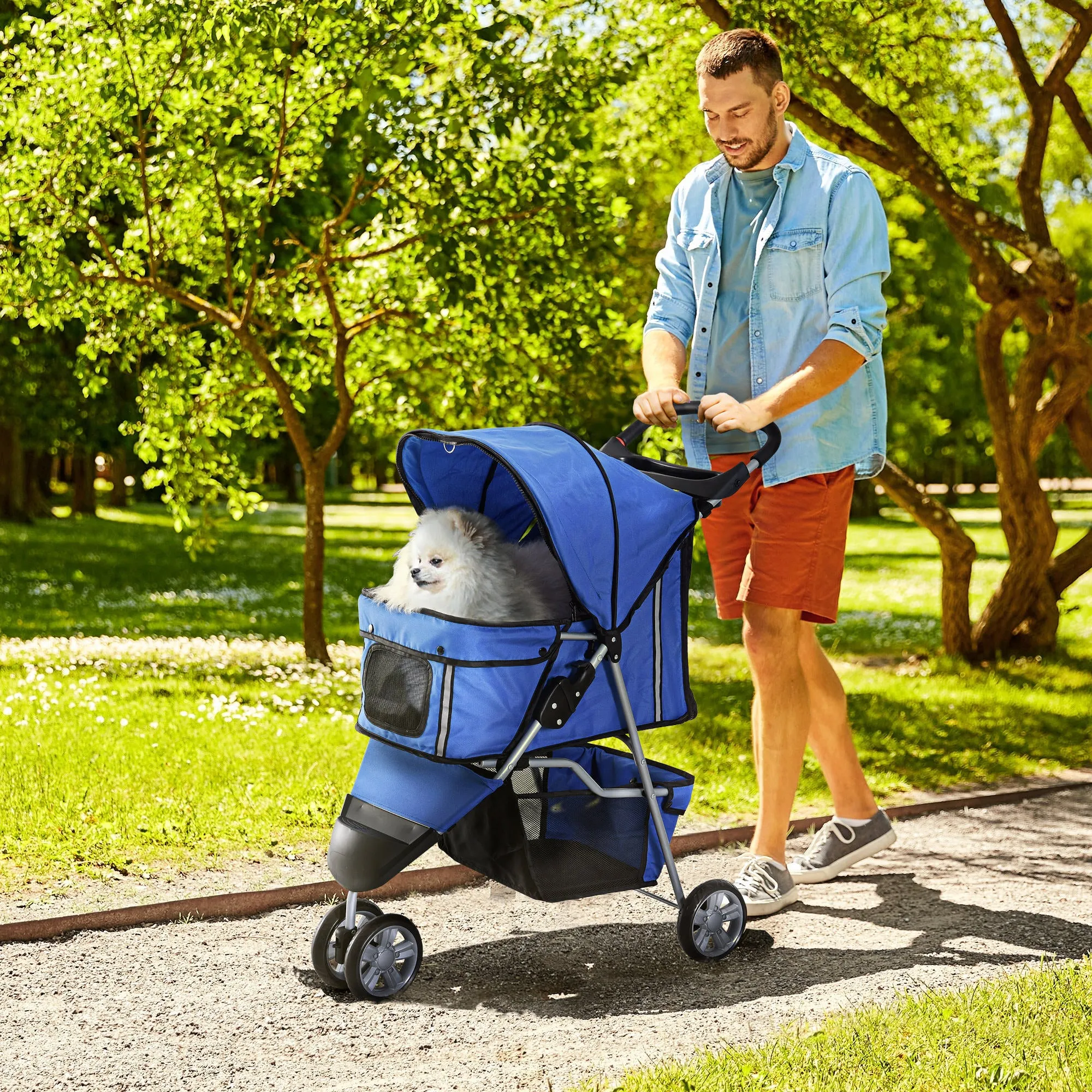 Dog Stroller, 3 Wheels Foldable Cat Dog Pram with Cup Holder, Storage Basket, Pet Stroller for Small Miniature Dogs, Blue