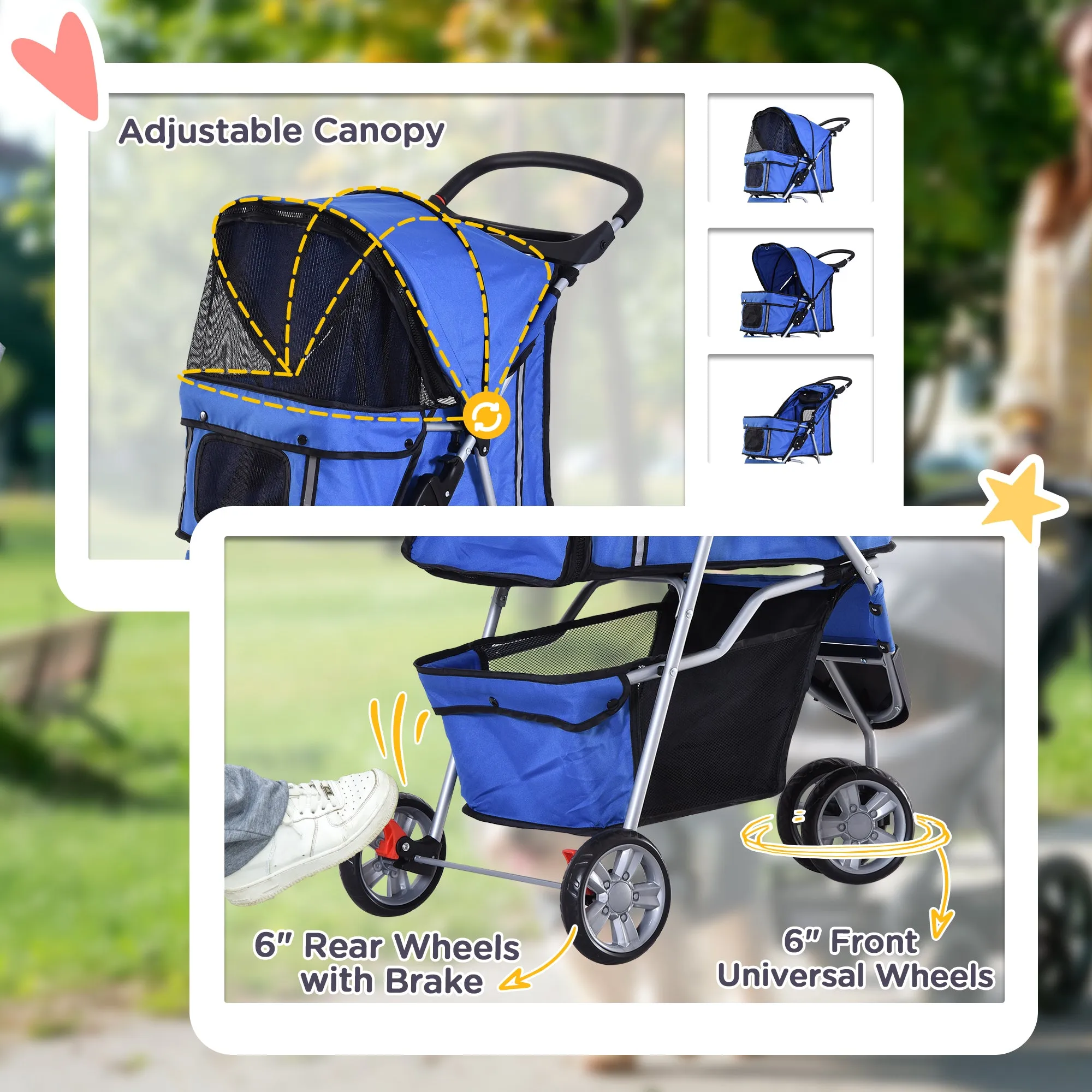 Dog Stroller, 3 Wheels Foldable Cat Dog Pram with Cup Holder, Storage Basket, Pet Stroller for Small Miniature Dogs, Blue