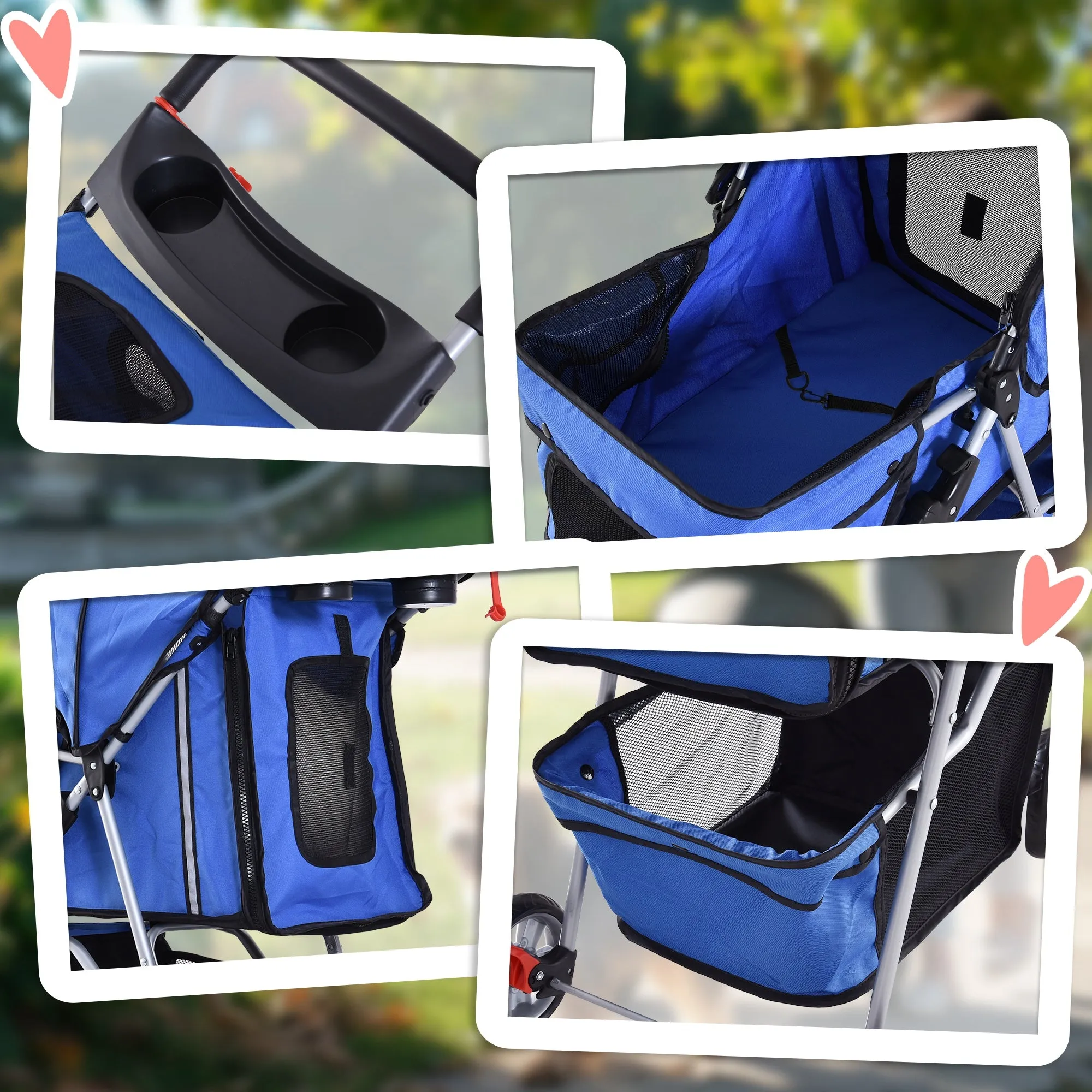 Dog Stroller, 3 Wheels Foldable Cat Dog Pram with Cup Holder, Storage Basket, Pet Stroller for Small Miniature Dogs, Blue