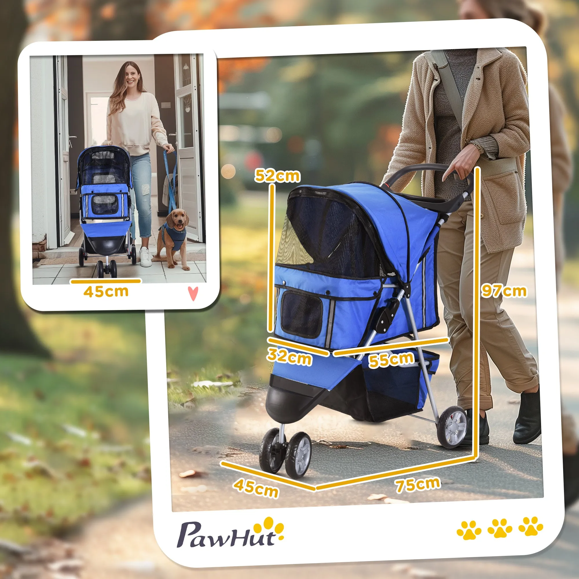 Dog Stroller, 3 Wheels Foldable Cat Dog Pram with Cup Holder, Storage Basket, Pet Stroller for Small Miniature Dogs, Blue