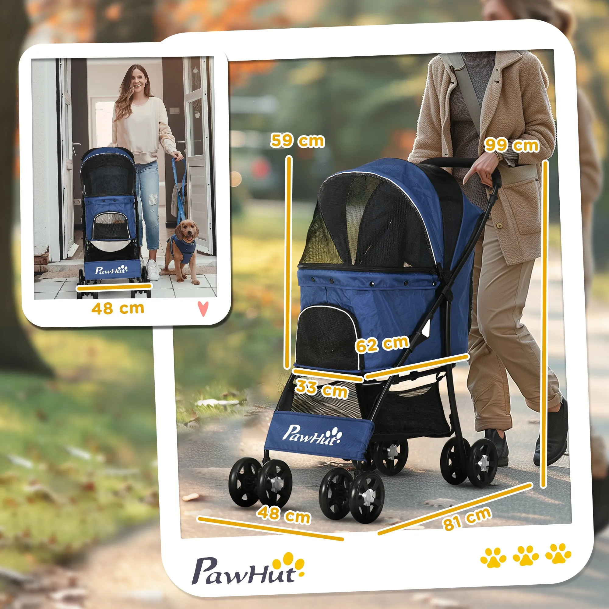 Dog Stroller with Basket, Cushion and 2 Leashes, in Steel and Oxford Fabric, 81x48x99 cm, Black and Dark Blue