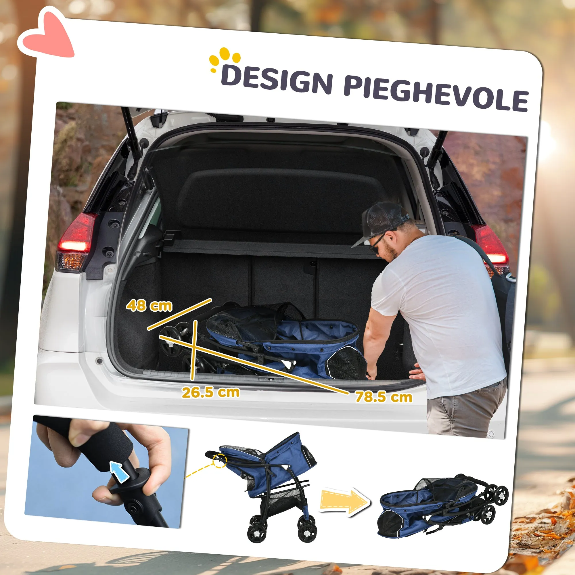 Dog Stroller with Basket, Cushion and 2 Leashes, in Steel and Oxford Fabric, 81x48x99 cm, Black and Dark Blue