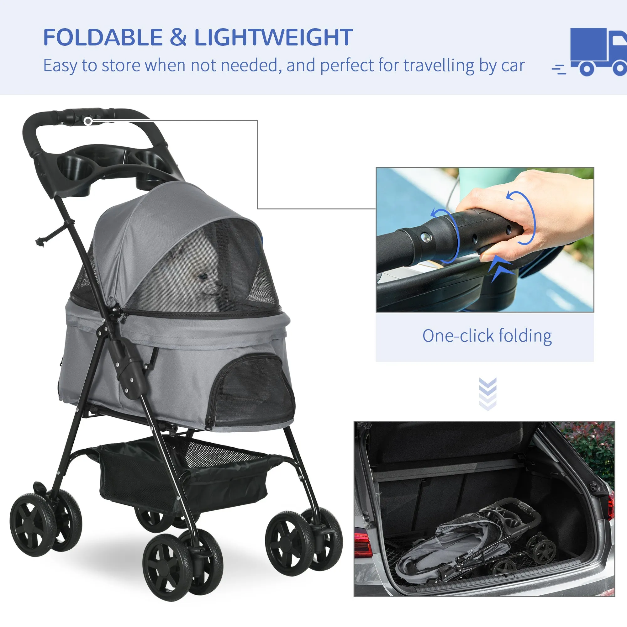 Dog Stroller with Rain Cover, Dog Pushchair One-Click Fold Trolley Jogger with EVA Wheels Brake Basket Adjustable Canopy Safety Leash for Small Dogs, Grey