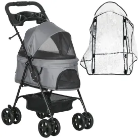 Dog Stroller with Rain Cover, Dog Pushchair One-Click Fold Trolley Jogger with EVA Wheels Brake Basket Adjustable Canopy Safety Leash for Small Dogs, Grey