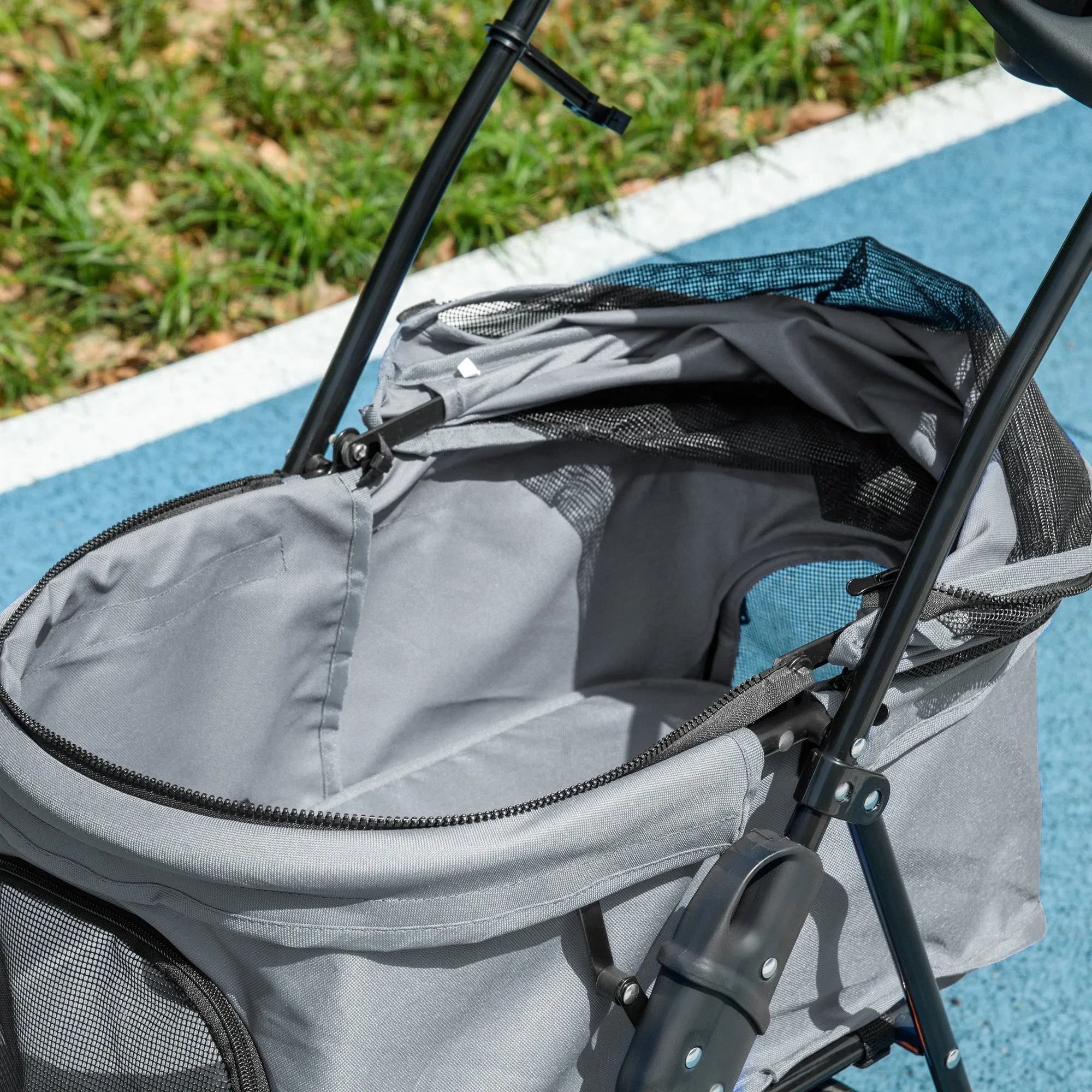 Dog Stroller with Rain Cover, Dog Pushchair One-Click Fold Trolley Jogger with EVA Wheels Brake Basket Adjustable Canopy Safety Leash for Small Dogs, Grey