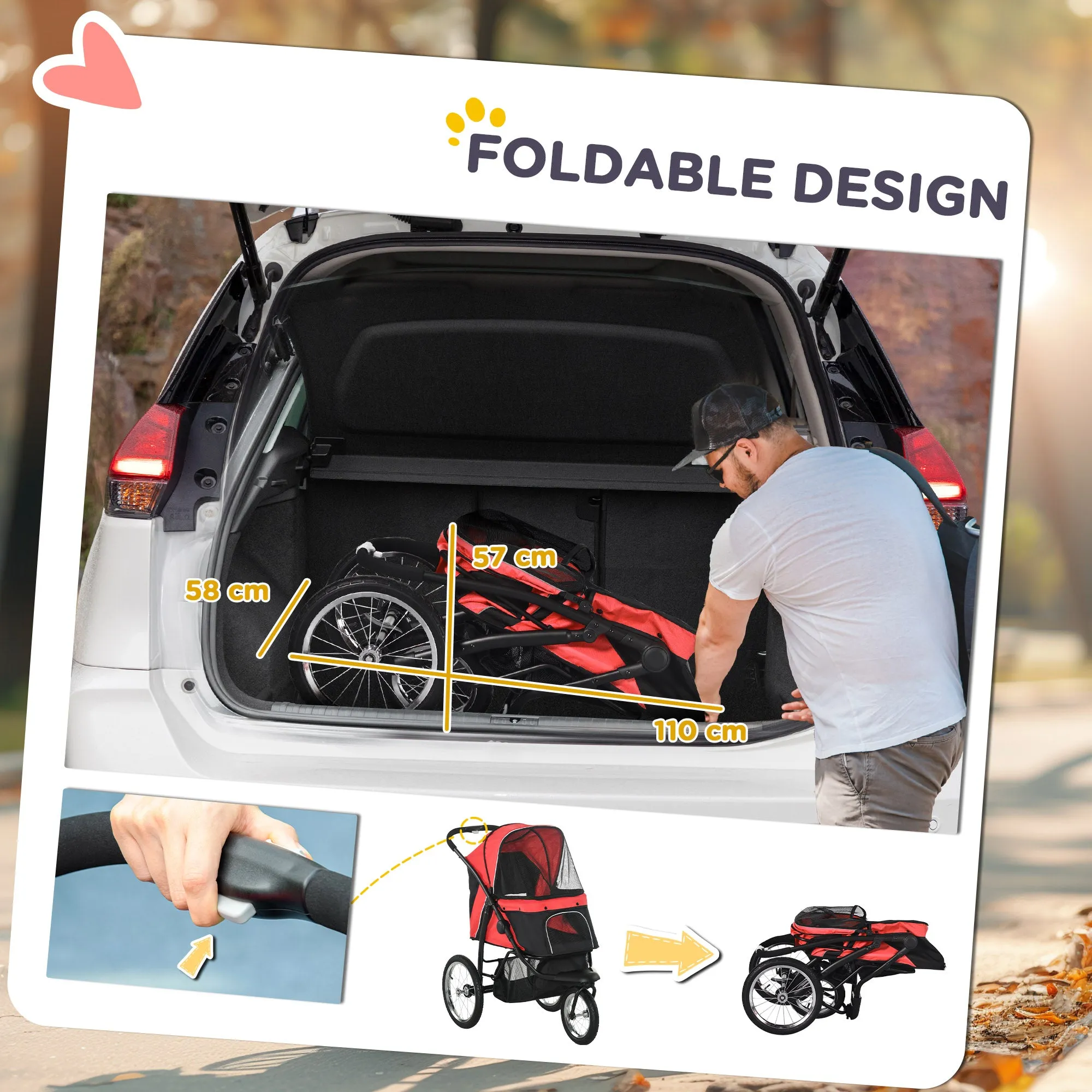 Foldable Pet Stroller with Three Wheels, for Small, Medium Dogs, Red