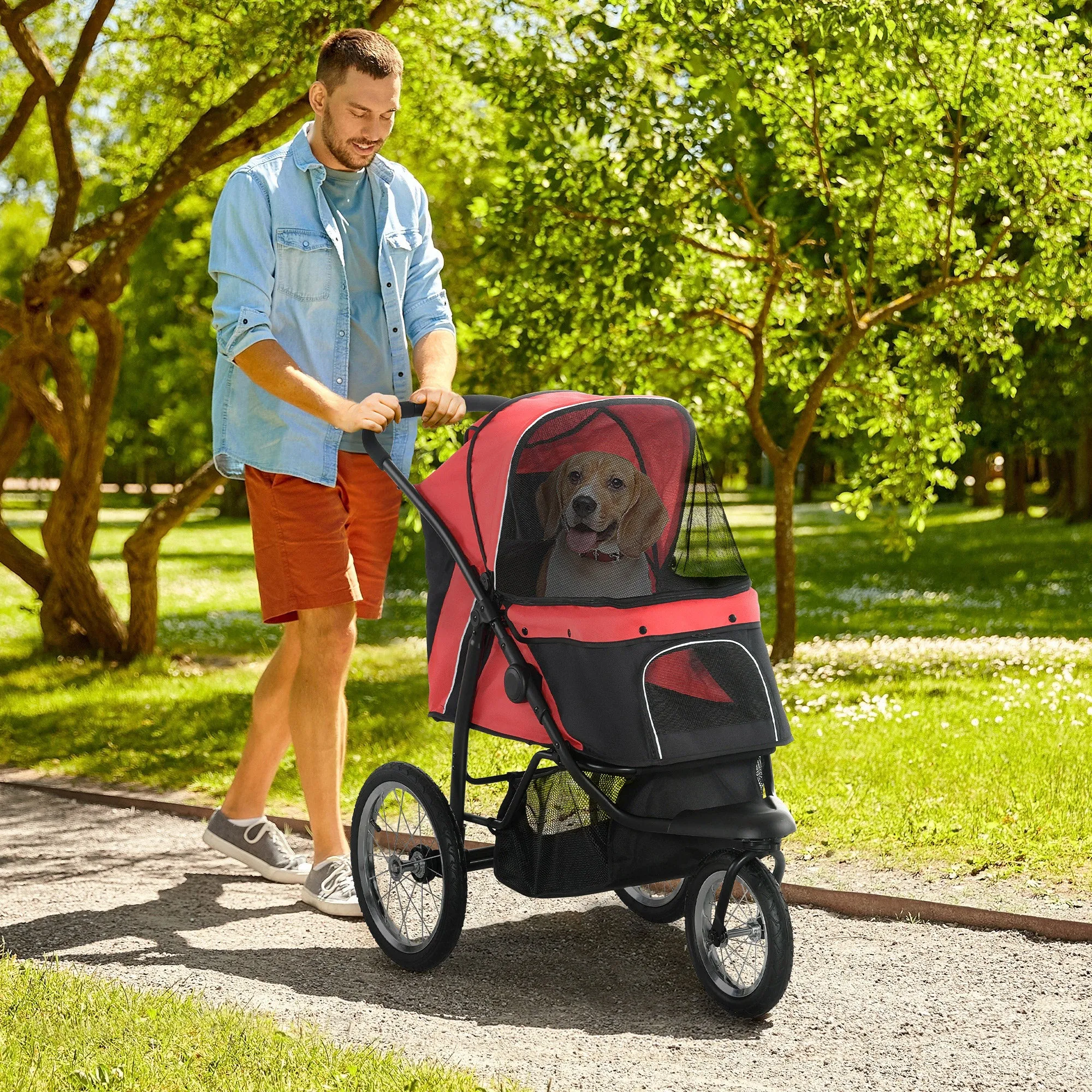 Foldable Pet Stroller with Three Wheels, for Small, Medium Dogs, Red