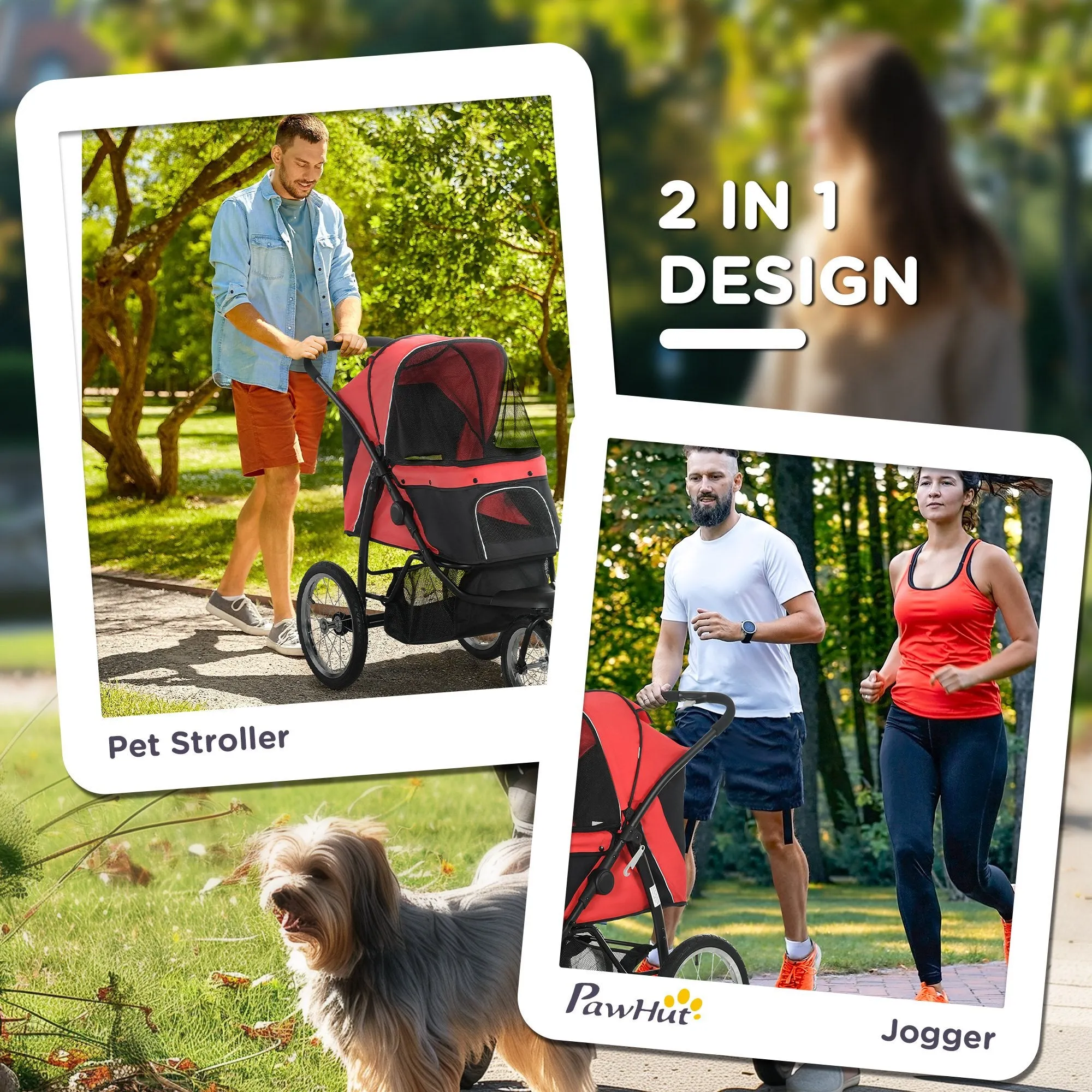 Foldable Pet Stroller with Three Wheels, for Small, Medium Dogs, Red
