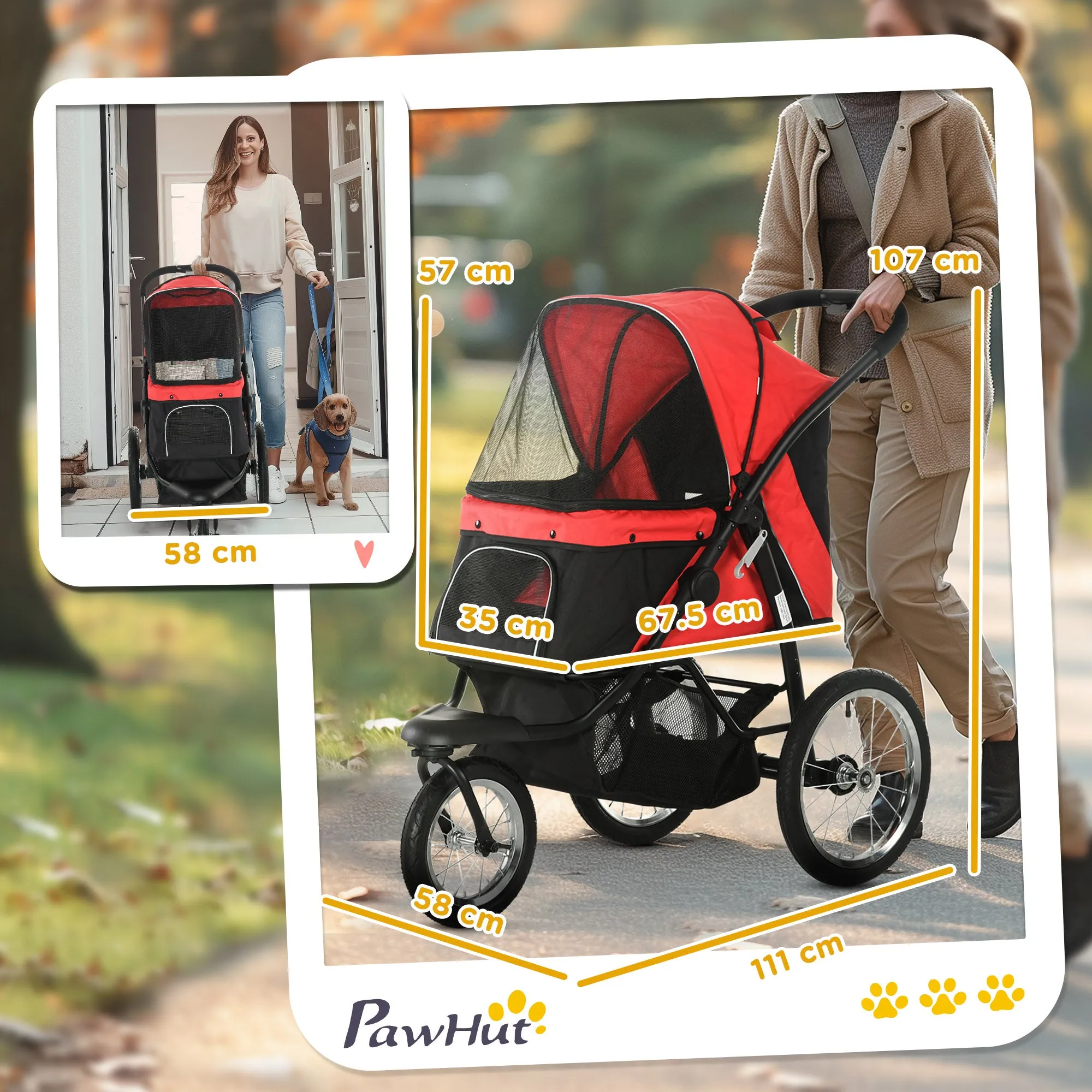 Foldable Pet Stroller with Three Wheels, for Small, Medium Dogs, Red